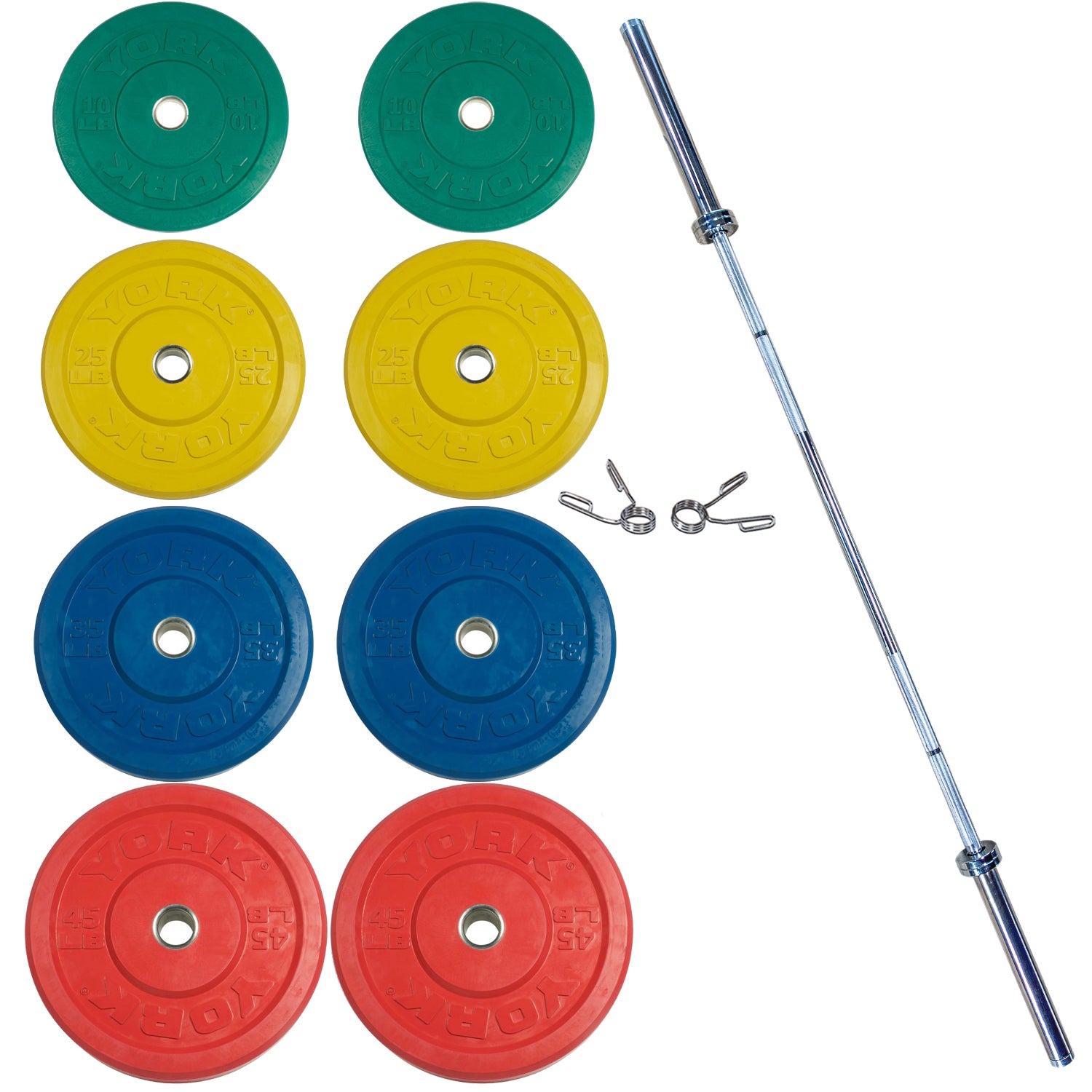 275 LB YORK USA Colored Solid Rubber Training Bumper Set (2 x 45, 35, 25, 10 LB), #32110, Pair Spring Collars