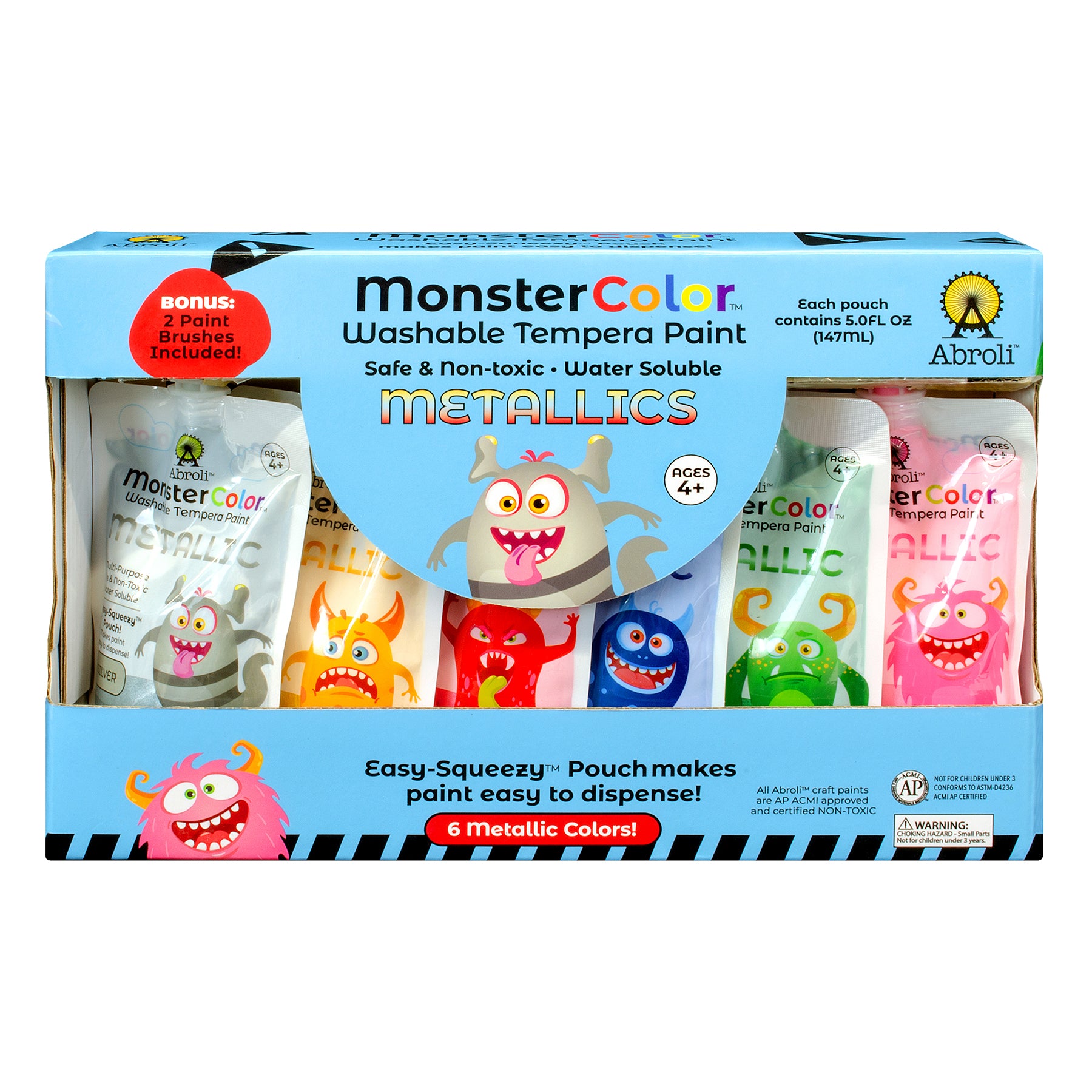MonsterColor Washable Tempera Paint, 5 oz., Metallic, 6-Pack
