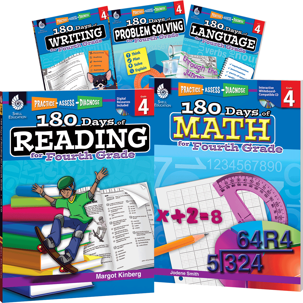 180 Days™: Reading, Math, Problem Solving, Writing, & Language Grade 4: 5-Book Set, Practice, Assess, Diagnose