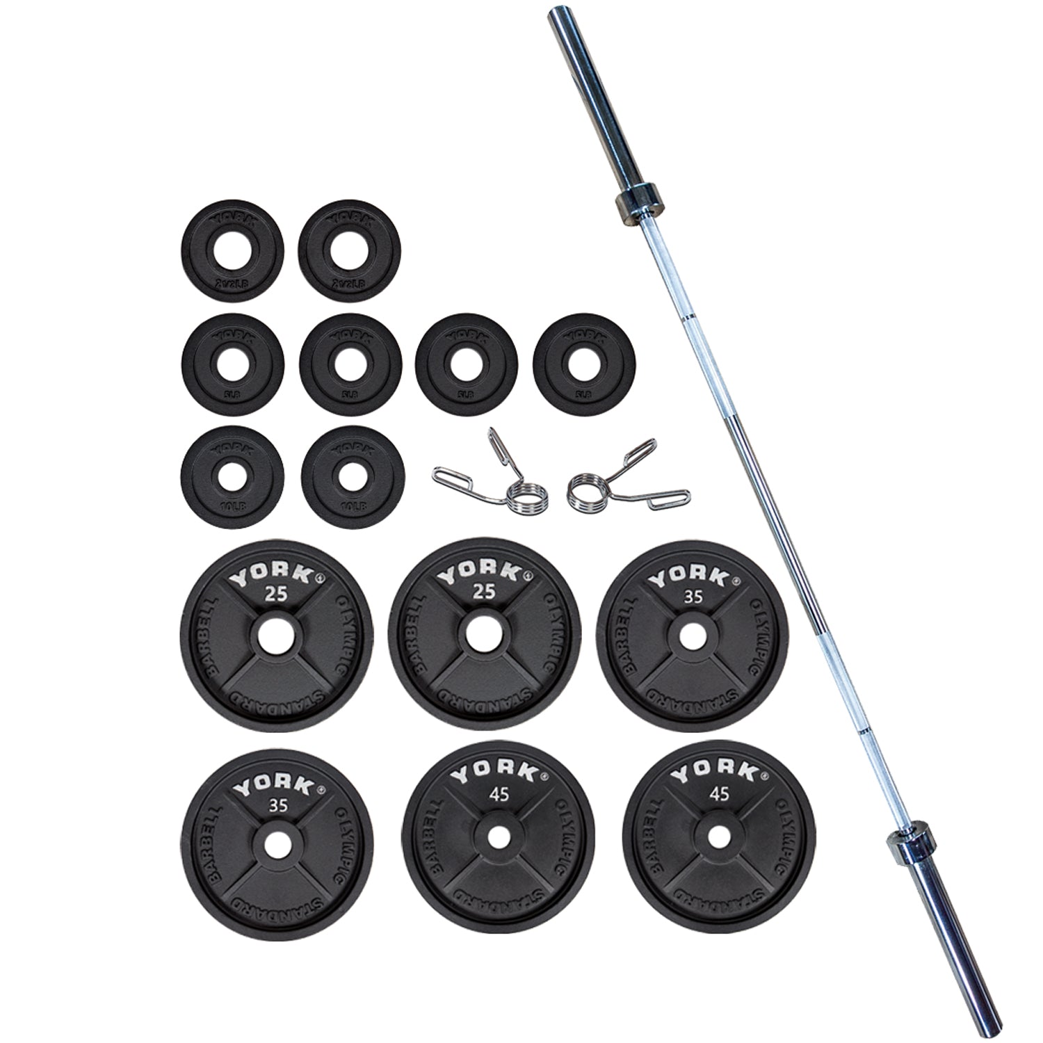 300 LB York International Olympic Set (2 x 45, 35, 25, 10, 2.5 & 4 x 5) 1000 LB Test bar, Pair Spring Collars