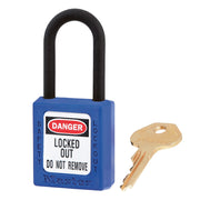 Blue Dielectric Zenex™ Thermoplastic Safety Padlock, 1-1/2in (38mm) Wide with 1-1/2in (38mm) Tall Nylon Shackle, Keyed Alike Master Keyed W417 Cylinder
