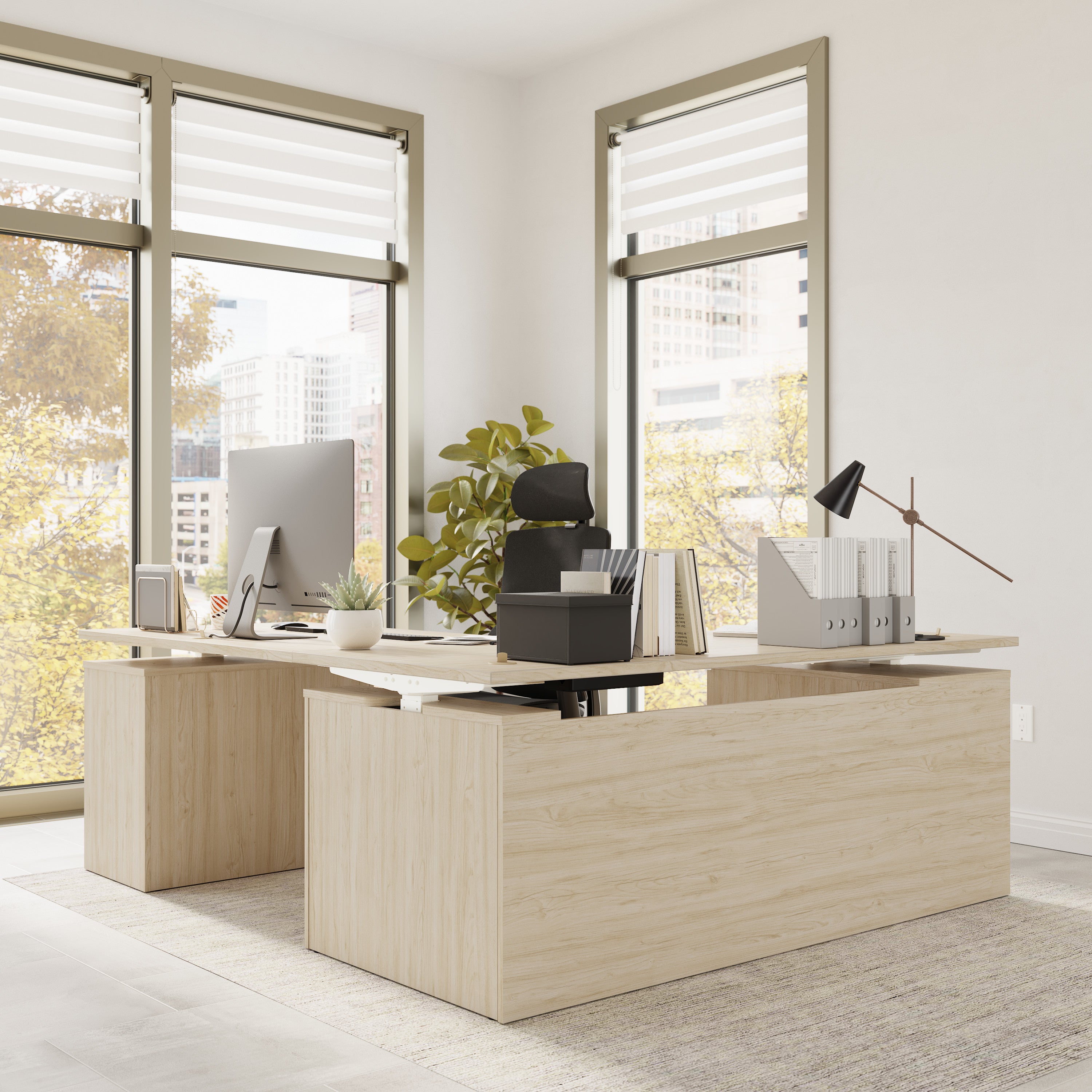 Bush Business Furniture Stratus&nbsp;72W x&nbsp;78D Height Adjustable L Shaped Standing Desk with Drawers in Natural Elm with White Base - 71.02" Width x 76.97" Depth x 27.44" Height