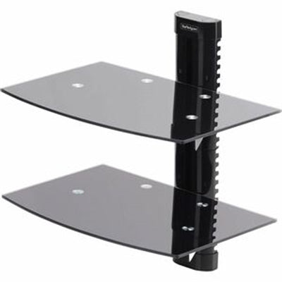 StarTech.com Dual Floating Wall-Mounted AV Shelves Adjustable Height Shelf for Under TV Organize a/V Equipment on Black Tempered Glass Shelves