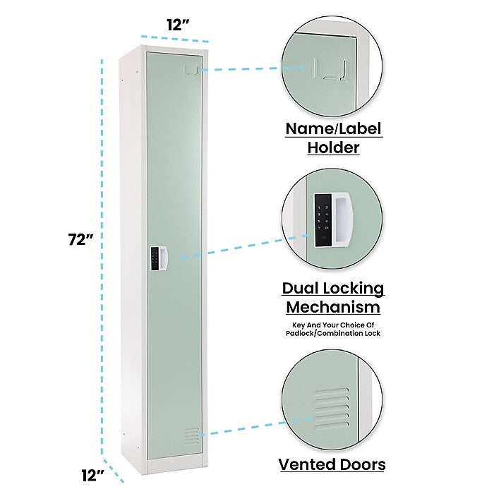 72" H x 12" W  Single Tier Steel Storage Locker with Digital Lock, Misty Green