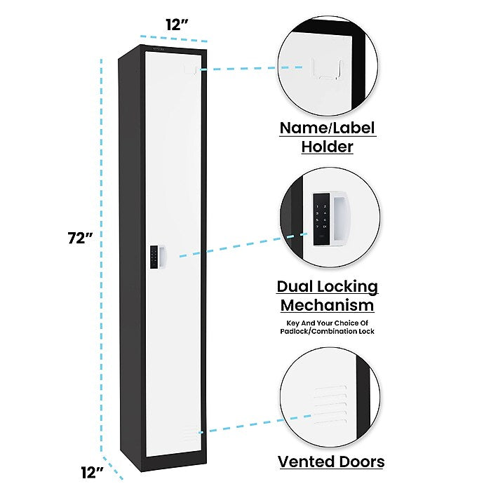72" H x 12" W  Single Tier Steel Storage Locker with Digital Lock, Black and White