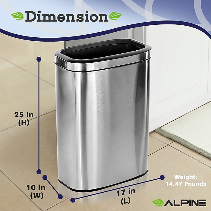 Alpine Industries 40 L / 10.5 Gal Gal Stainless Steel Slim Open Trash Can, Brushed Stainless Steel