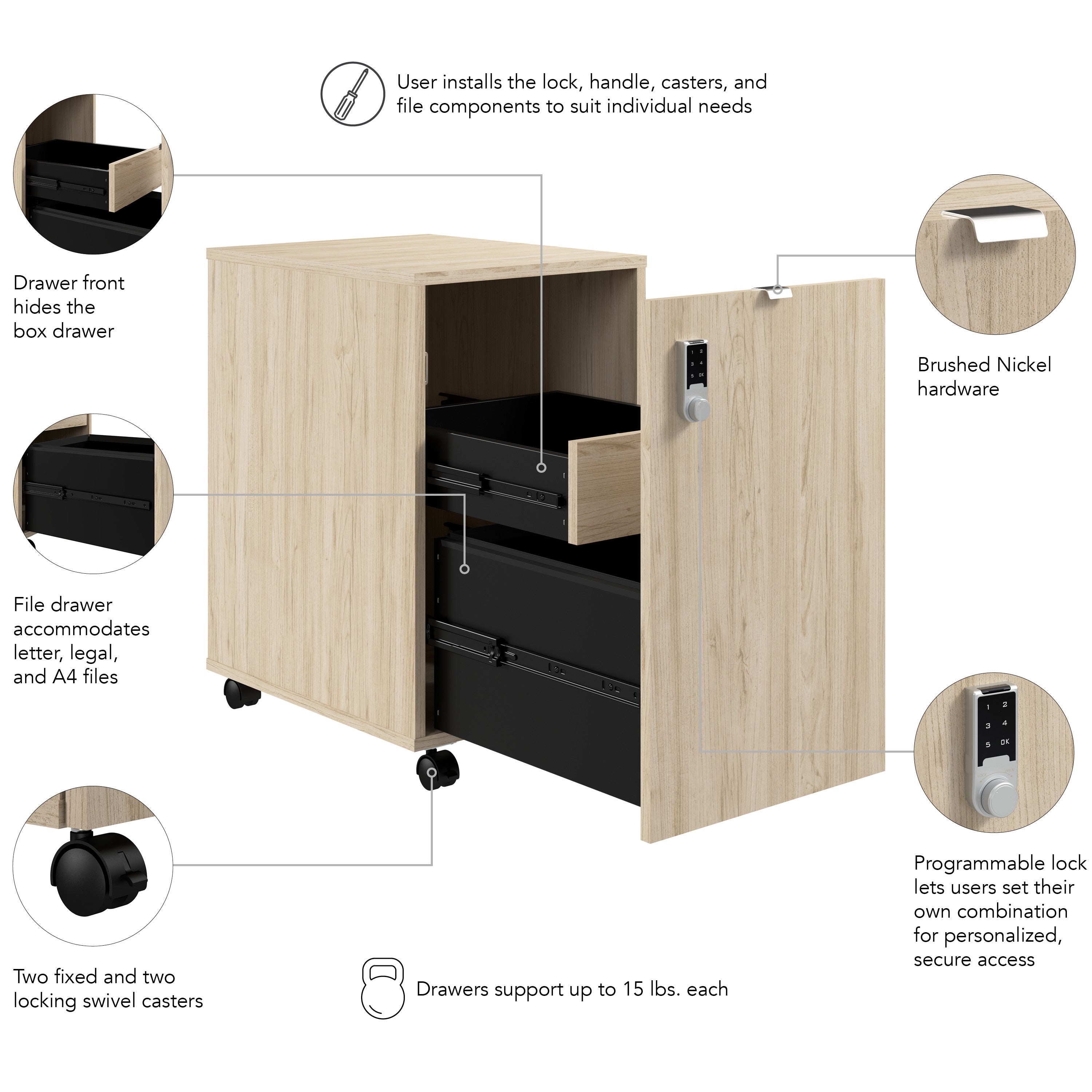Bush Business Furniture Assure Mobile File Cabinet with Drawers and Keypad Lock in Natural Elm - 15.65" Width x 20.24" Depth x 25.91" Height