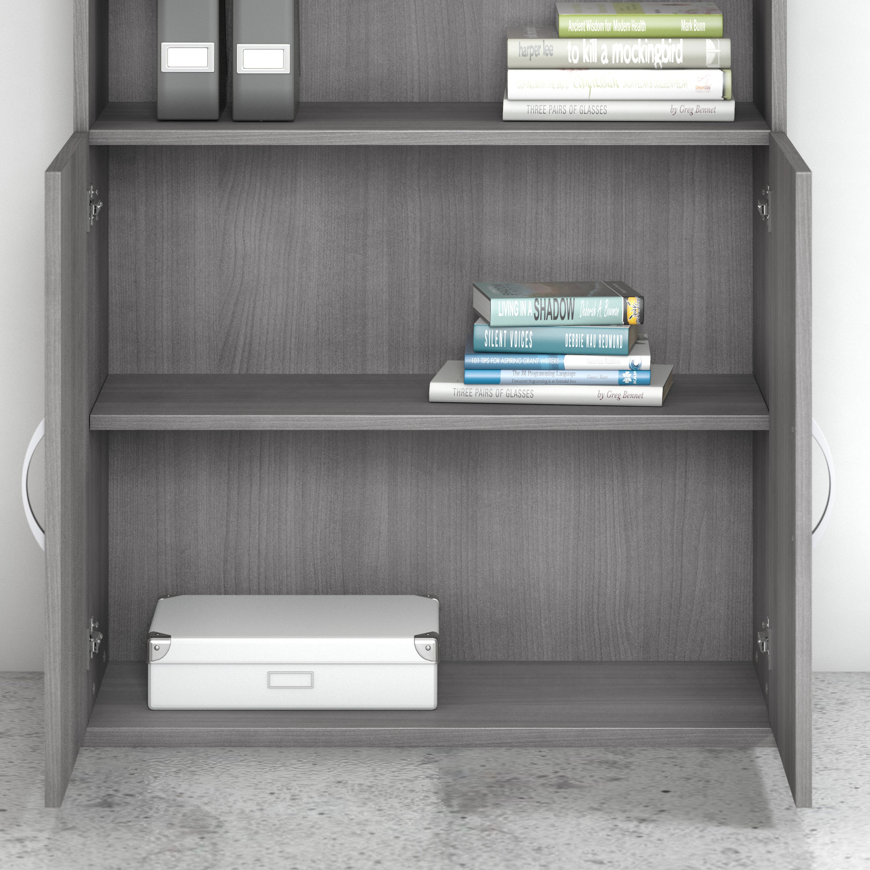 Bush Business Furniture Hybrid Tall 5 Shelf Bookcase with Doors in Platinum Gray - 35.71" Width x 15.43" Depth x 72.8" Height