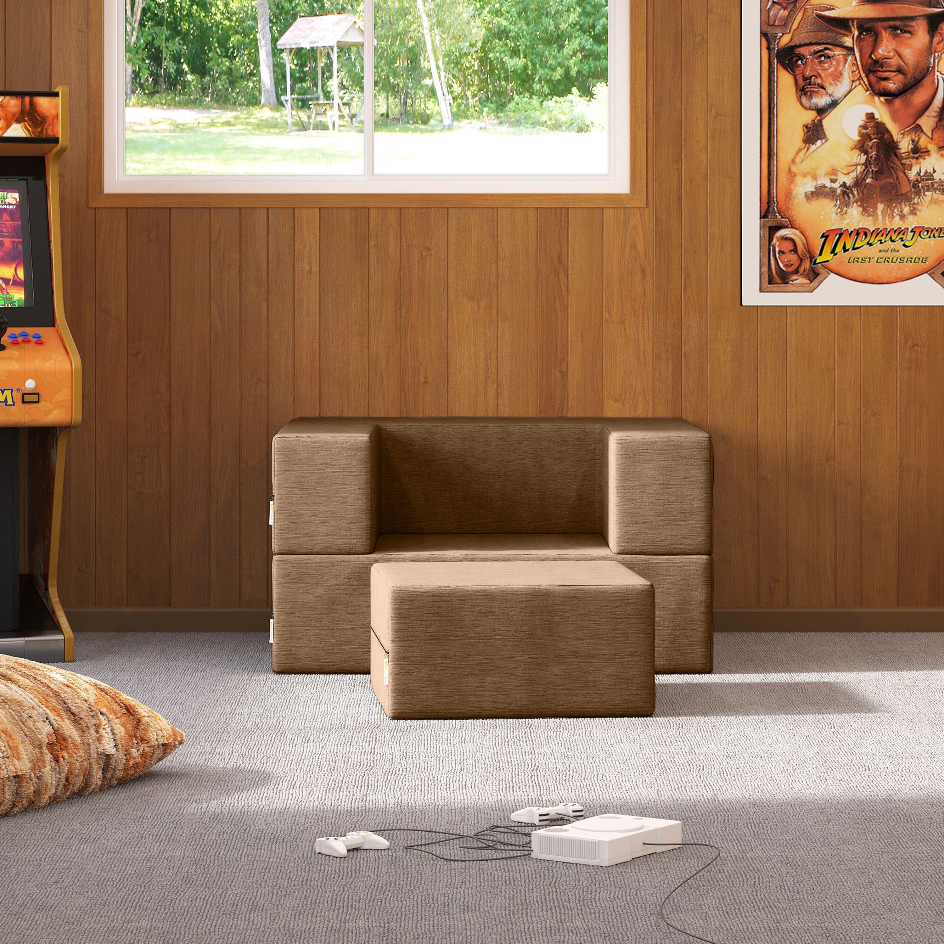 Jaxx Zipline Convertible Sleeper Futon Chair & Ottoman with Machine-Washable Cover, Toffee