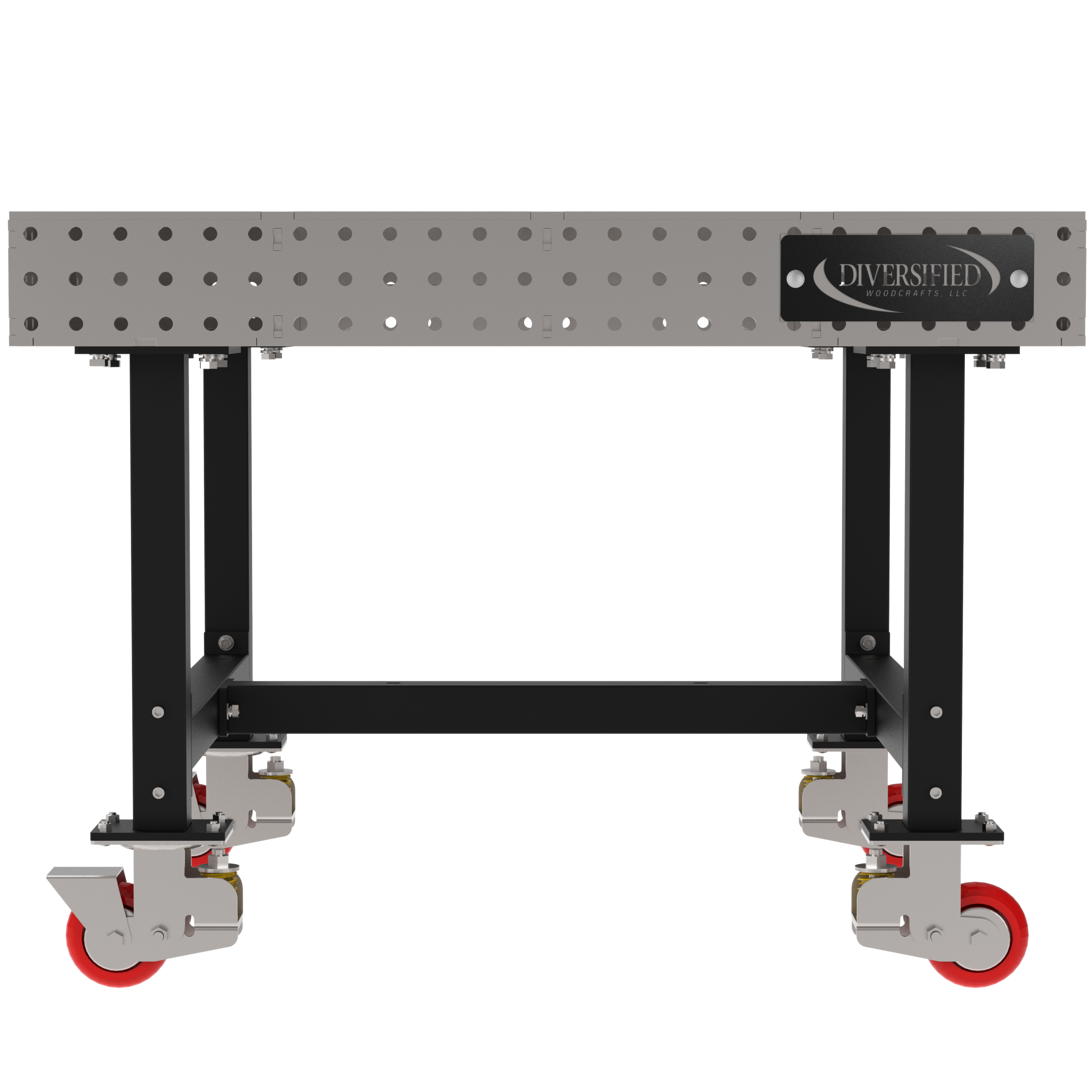 Welding Fixture Table, Fixed Height, 36"H x 48"L x 48"D, 1/4" Carbon Steel Top, Four Black  Powdercoat Legs, 4 Heavy Duty Suspension Casters (2 Locking/Swiveling Casters and 2 Non-Locking/Non-SwivelingCasters)