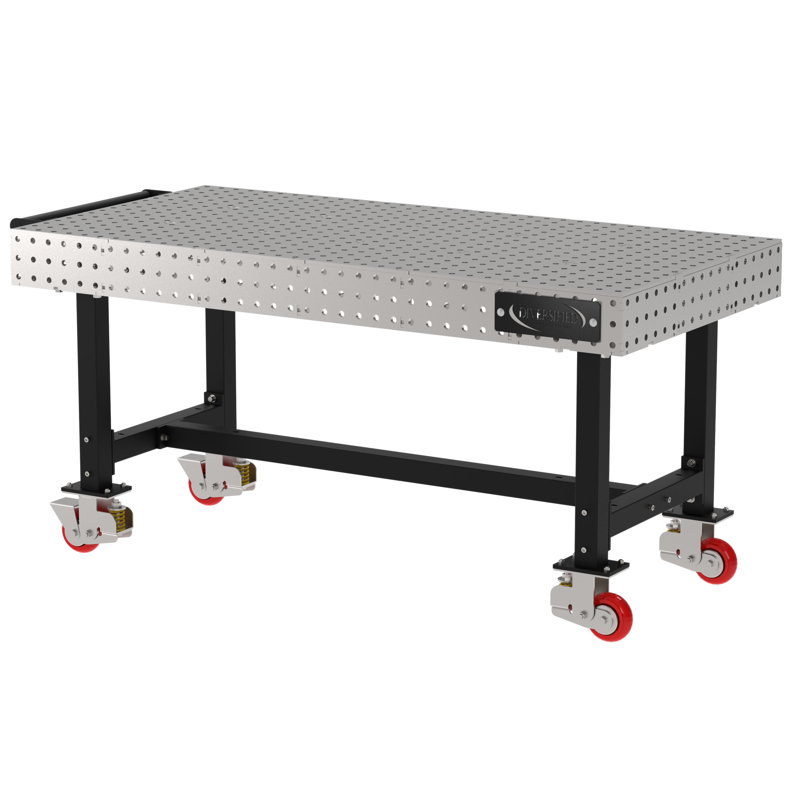 Welding Fixture Table, Fixed Height, 36"H x 72"L x 36"D, 1/4" Carbon Steel Top, Four Black Powdercoat Legs, Handle, 4 Heavy Duty Suspension Casters (2 Locking/Swiveling Casters and 2 Non-Locking/Non-SwivelingCasters)