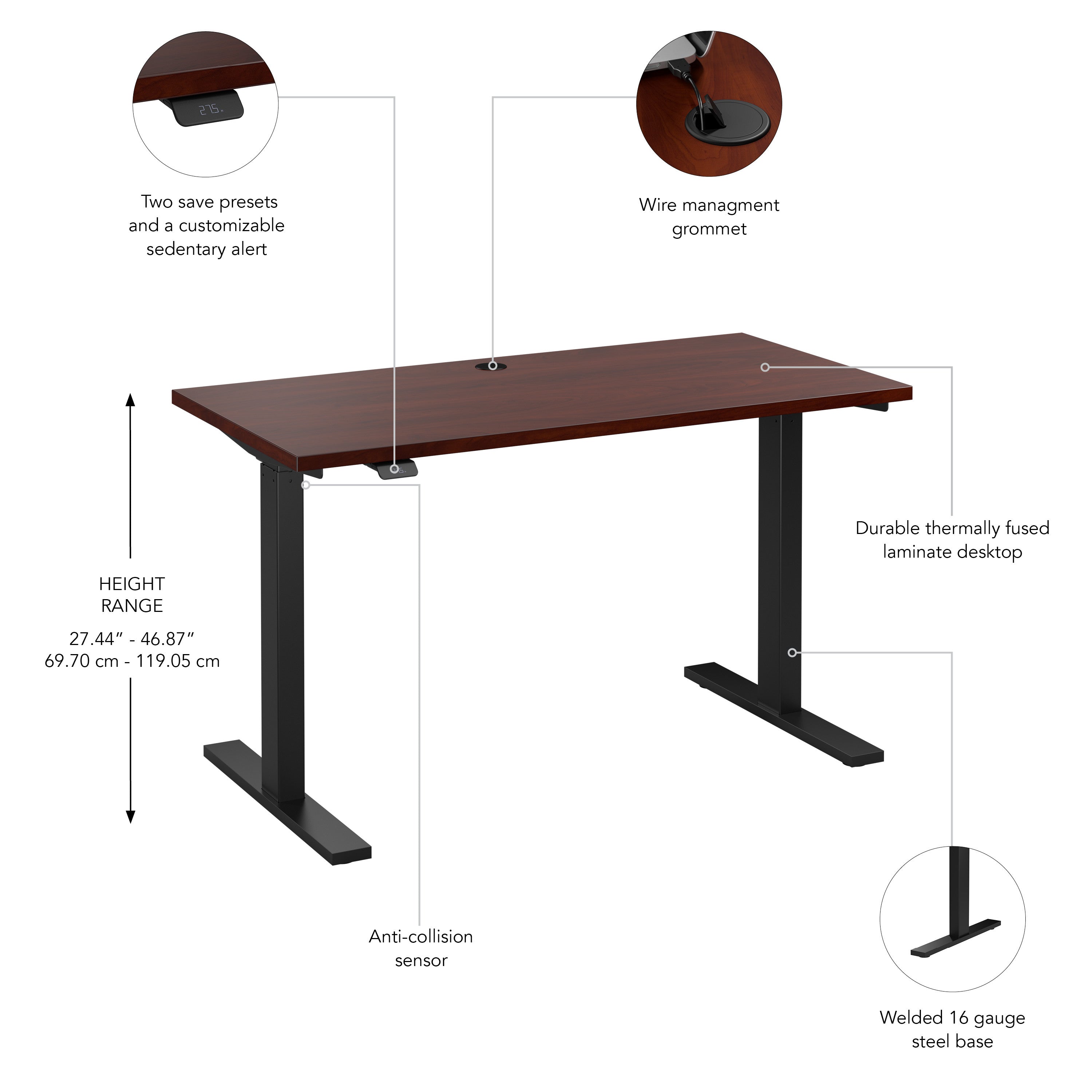 Bush Business Furniture Move 60 Series 48W x 24D Electric Height Adjustable Standing Desk in Hansen Cherry with Black Base - 47.6" Width x 23.62" Depth x 47.69" Height