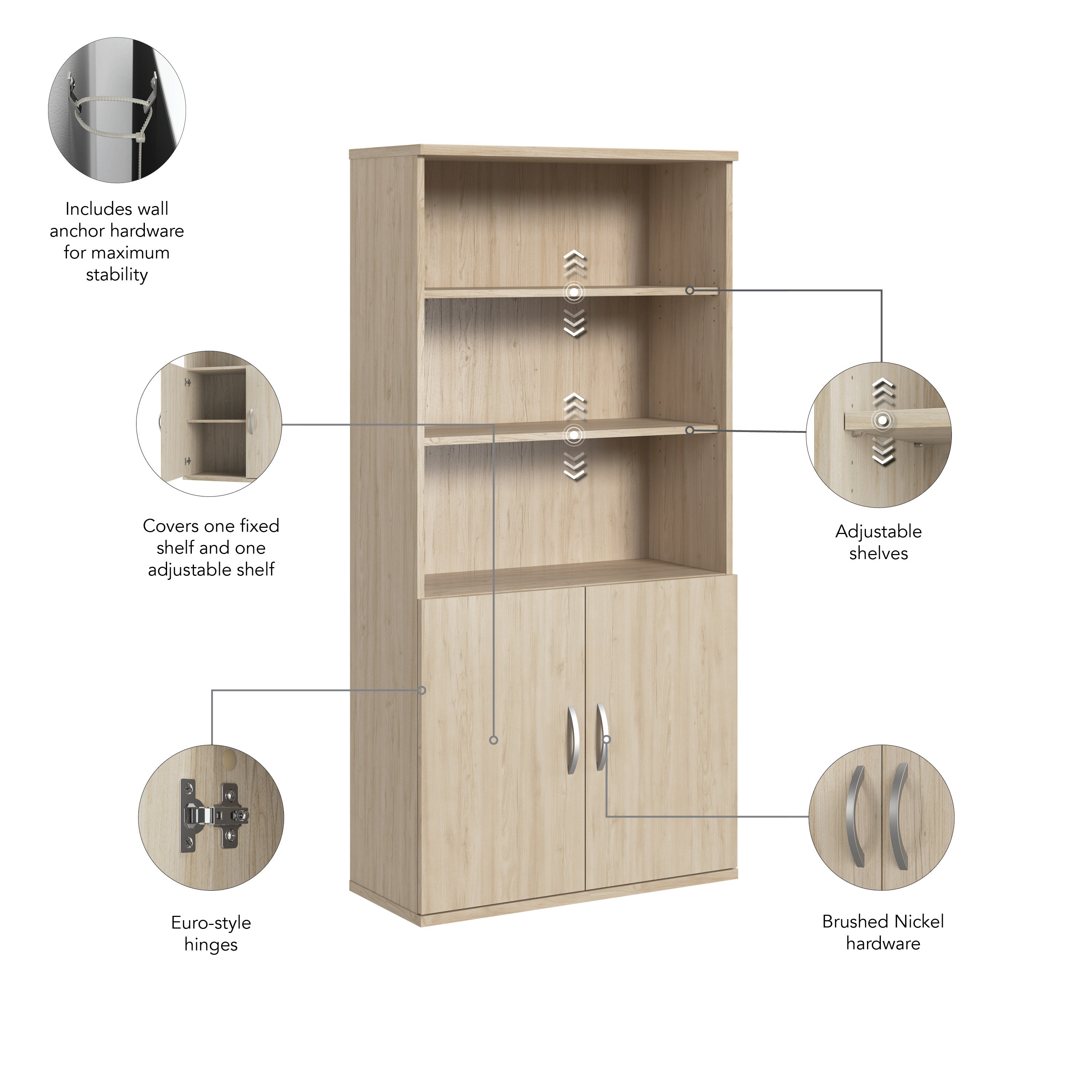 Bush Business Furniture Studio C Tall 5 Shelf Bookcase with Doors in Natural Elm - 35.71" Width x 15.43" Depth x 72.8" Height
