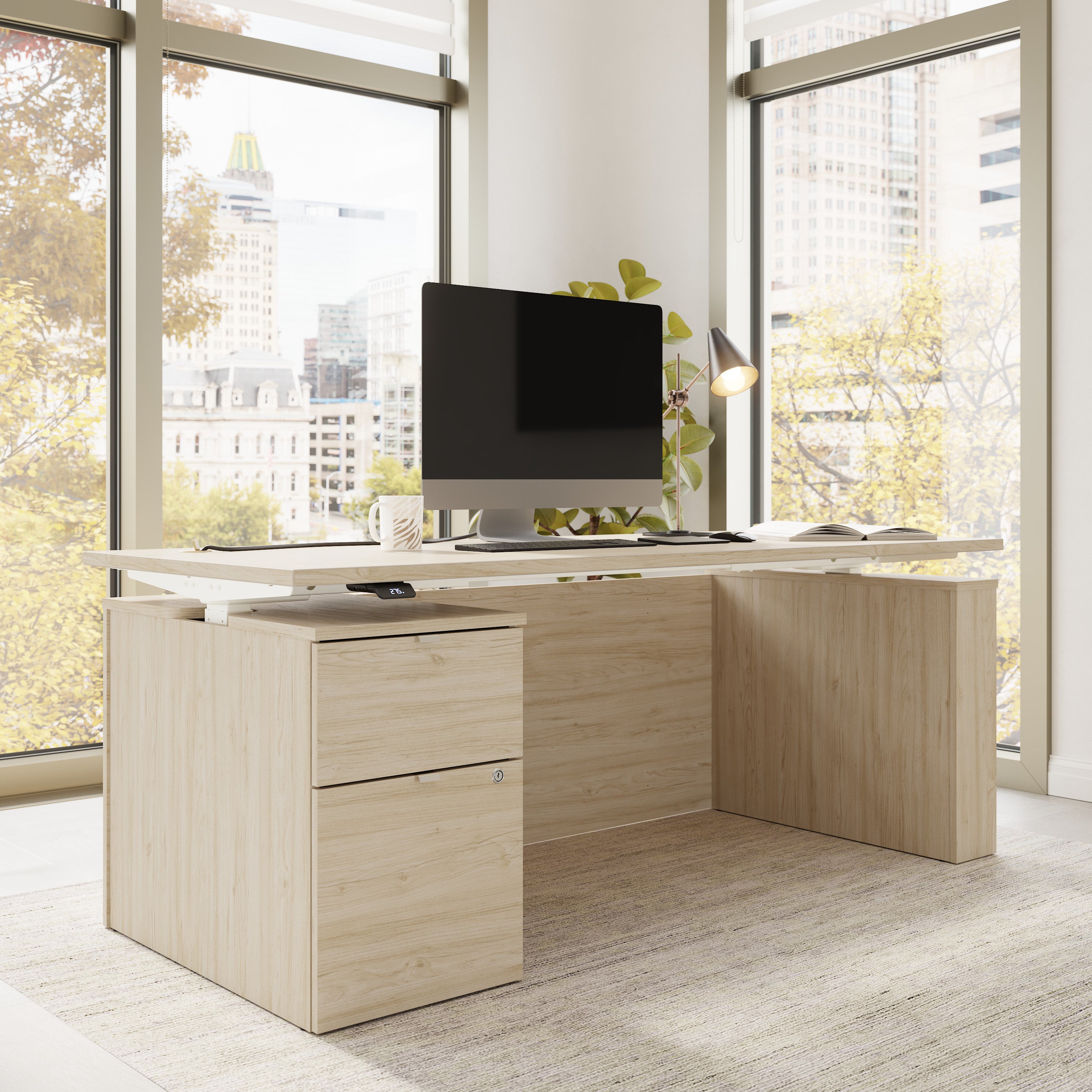 Bush Business Furniture Stratus&nbsp;72W x&nbsp;30D Eletric Height Adjustable Standing Desk with File Cabinet in Natural Elm with White Base - 71.02" Width x 29.37" Depth x 27.44" Height