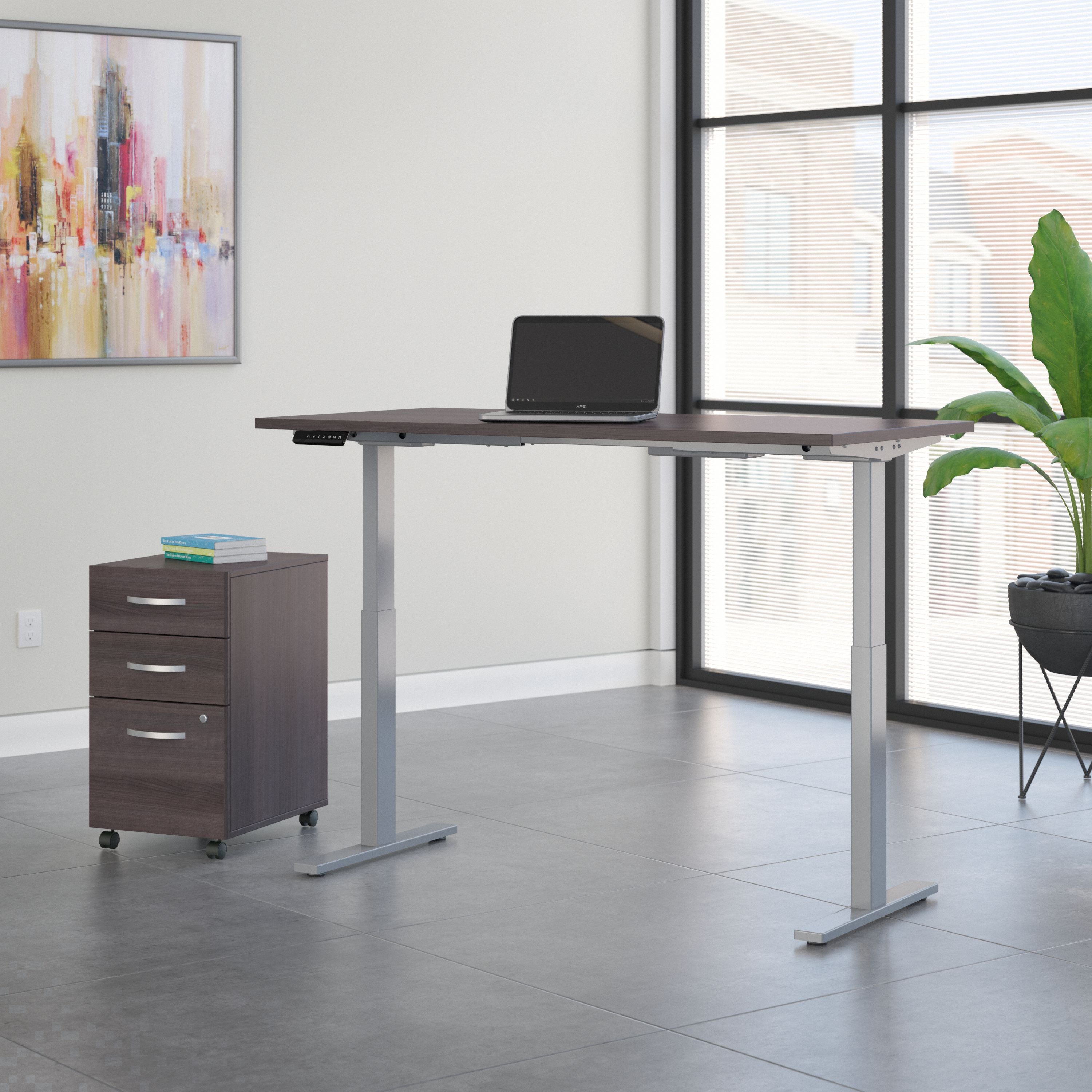 Move 60 Series by Bush Business Furniture 60W x 30D Height Adjustable Standing Desk with Storage in Storm Gray with Cool Gray Metallic Base - 59.45" Width x 29.37" Depth x 47.69" Height