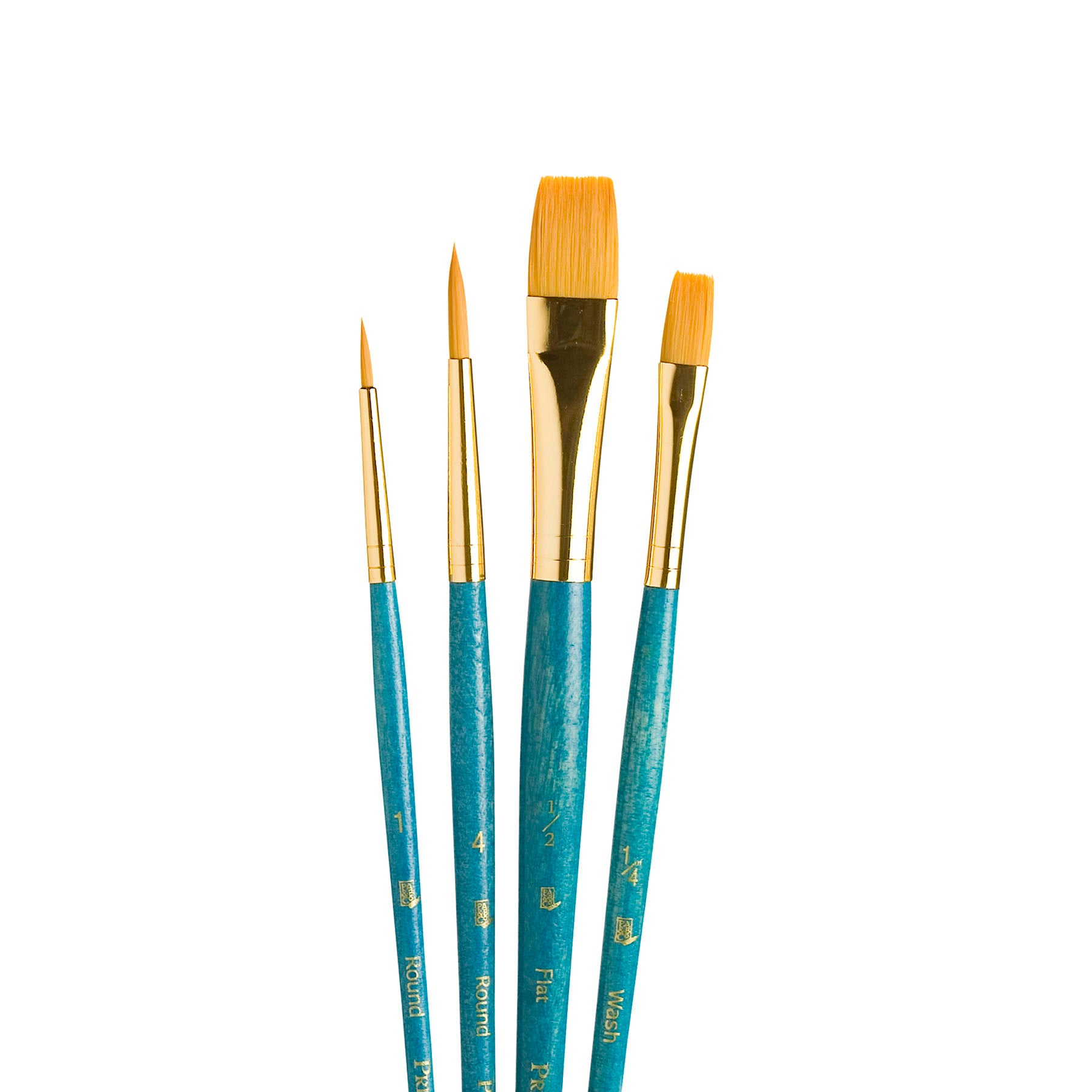 RealValue Brush Set, Gold Taklon Bristles, Short Handle Mixed Media Paintbrush, Blue, 4 Pieces