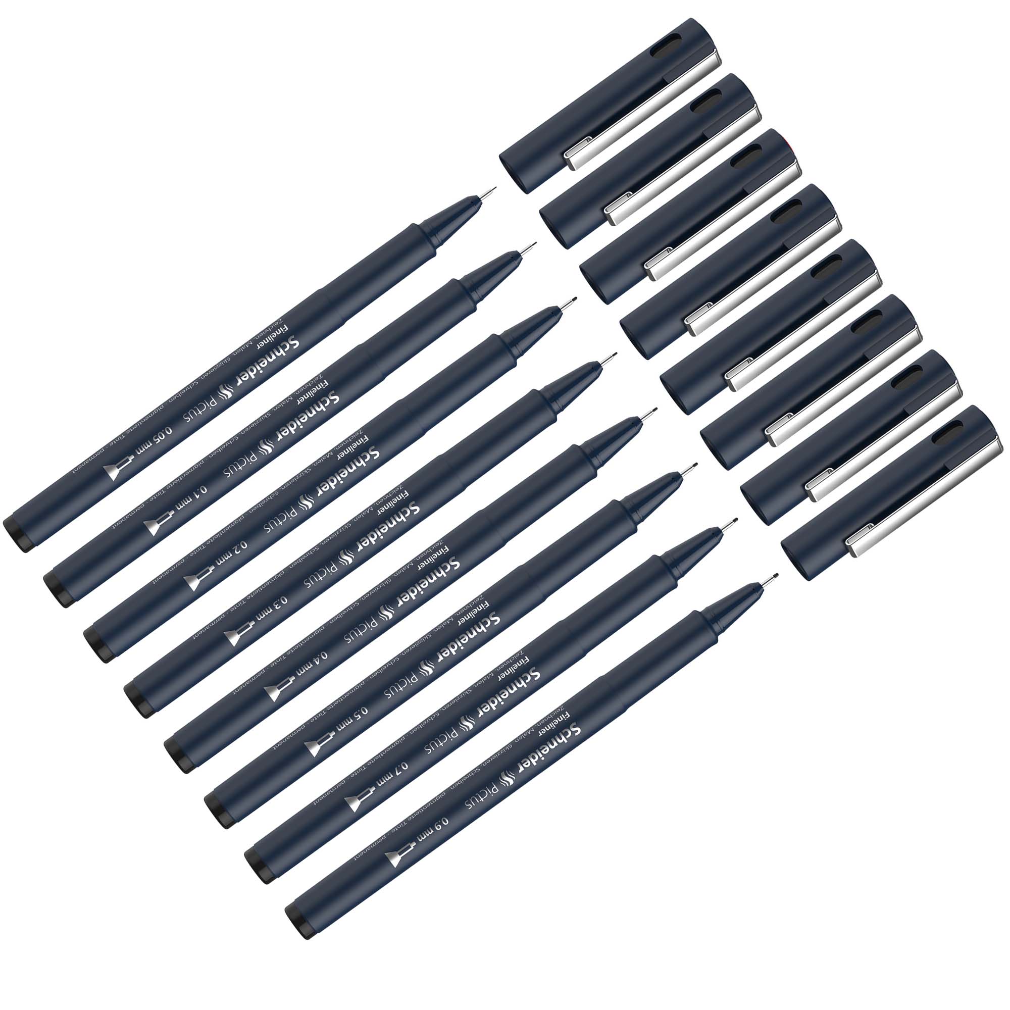 Pictus Fineliners, Wallet, 8 Pieces, Black Ink, Assorted Sizes