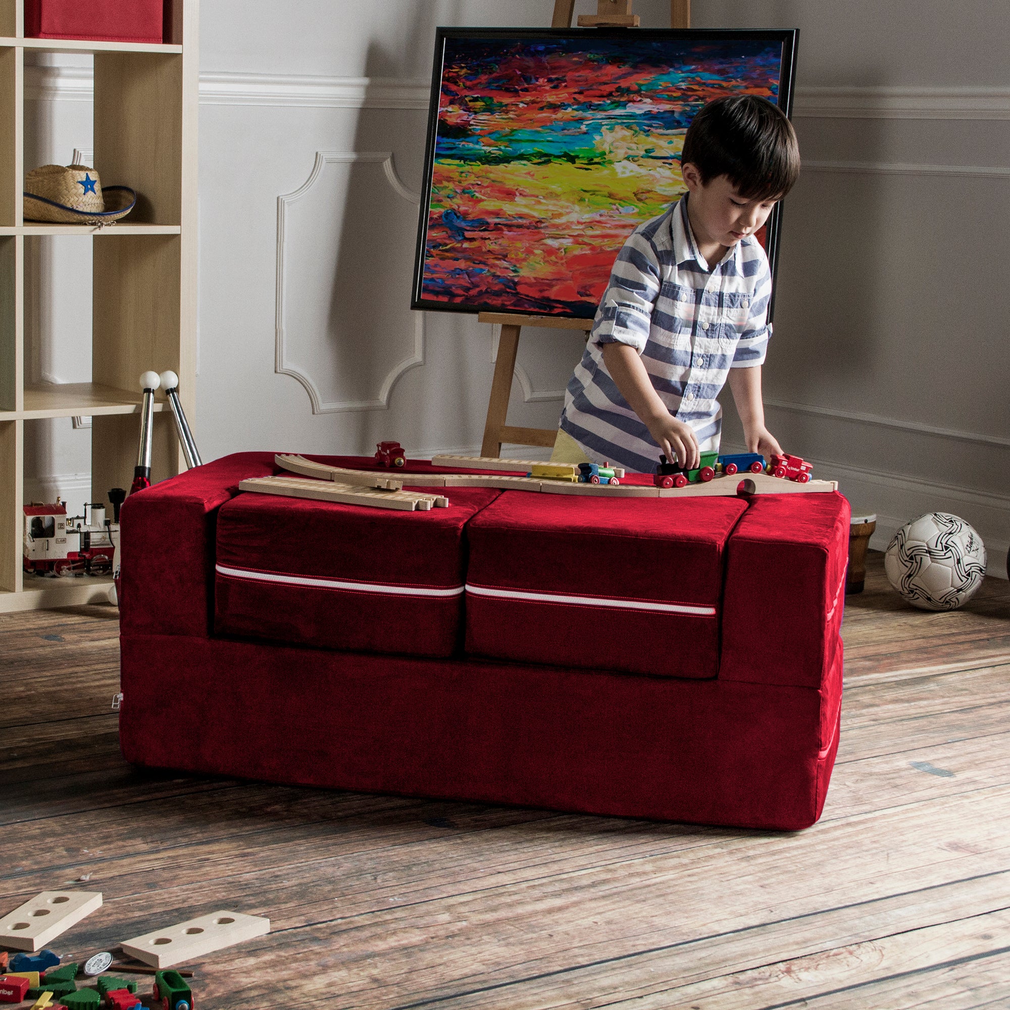 Jaxx Zipline Kids Modular Loveseat & Ottomans/Fold Out Lounger, Cherry