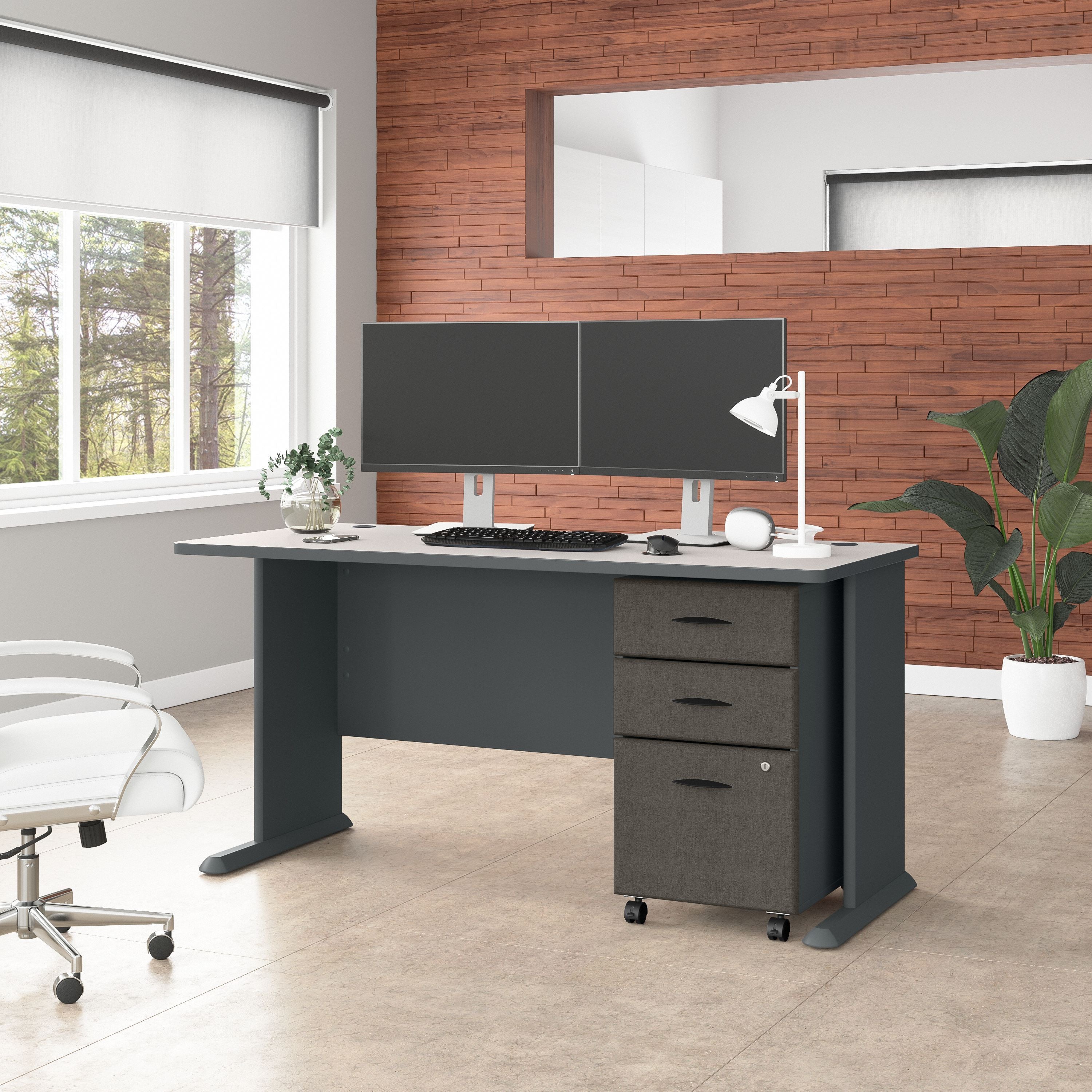 Bush Business Furniture Series A 60W Desk with Mobile File Cabinet in Slate and White Spectrum - 59.57" Width x 26.81" Depth x 29.66" Height