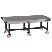 Welding Fixture Table, Fixed Height, 36"H x 96"L x 48"D, 1/4" Carbon Steel Top, Six Black Powdercoat Legs, Handle, 6 Heavy Duty Suspension Casters (4 Locking/Swiveling Casters and 2 Non-Locking/Non-SwivelingCasters)