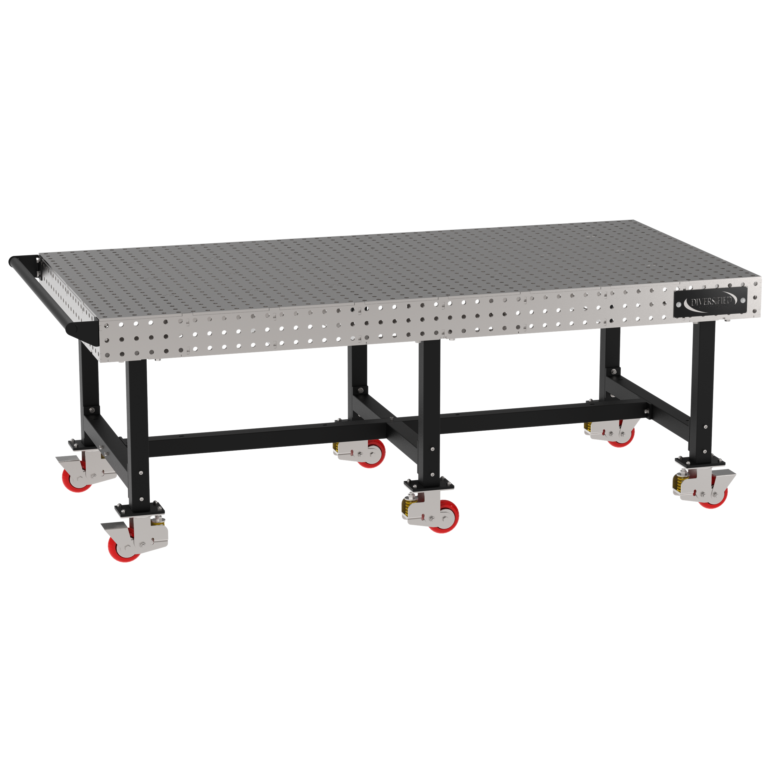 Welding Fixture Table, Fixed Height, 36"H x 96"L x 48"D, 1/4" Carbon Steel Top, Six Black Powdercoat Legs, Handle, 6 Heavy Duty Suspension Casters (4 Locking/Swiveling Casters and 2 Non-Locking/Non-SwivelingCasters)