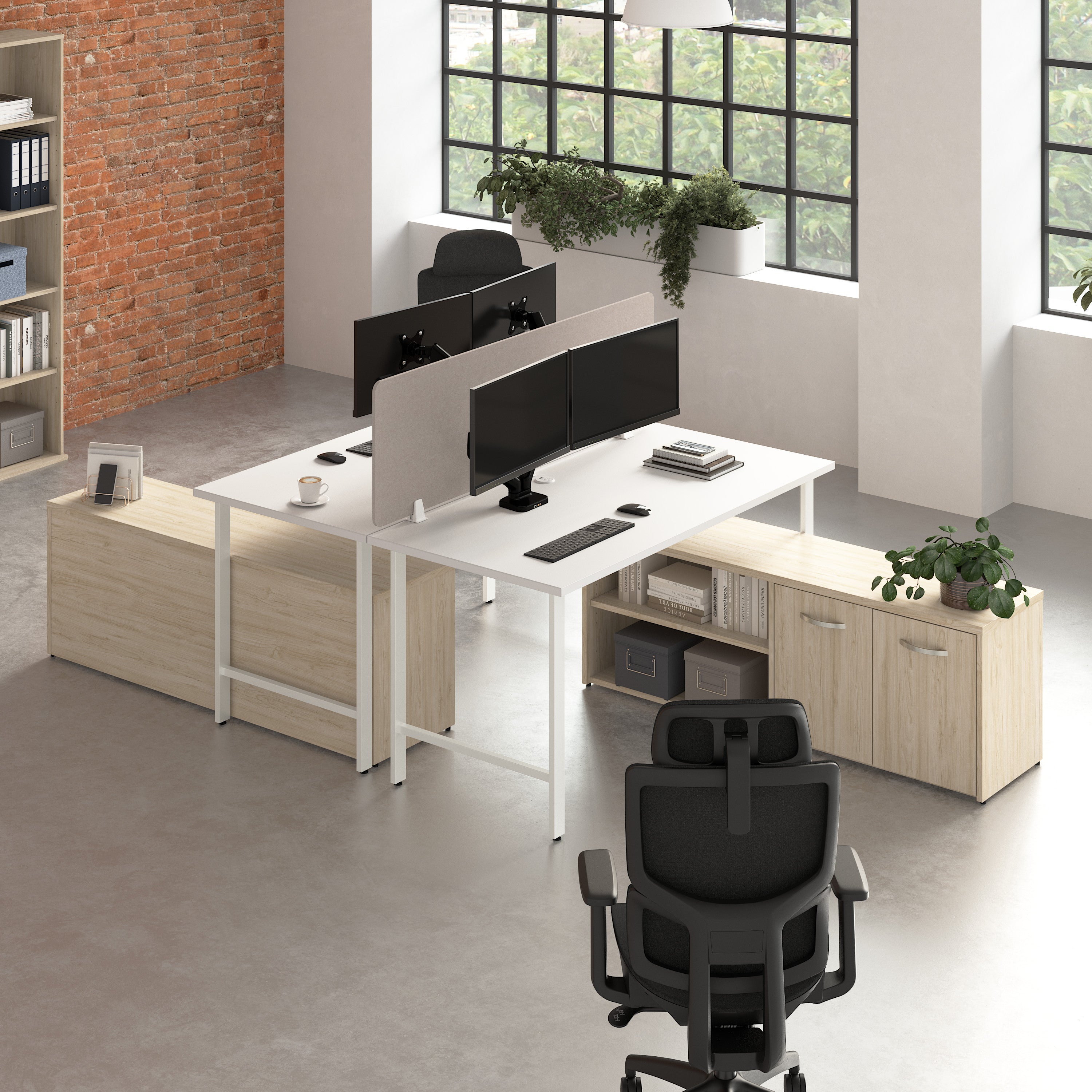 Bush Business Furniture Hustle 2 Person Computer Desk with Low Storage Cabinets, Power Grommets, and Privacy Screen in White and Natural Elm - 59.44" Width x 29.37" Depth x 30.07" Height