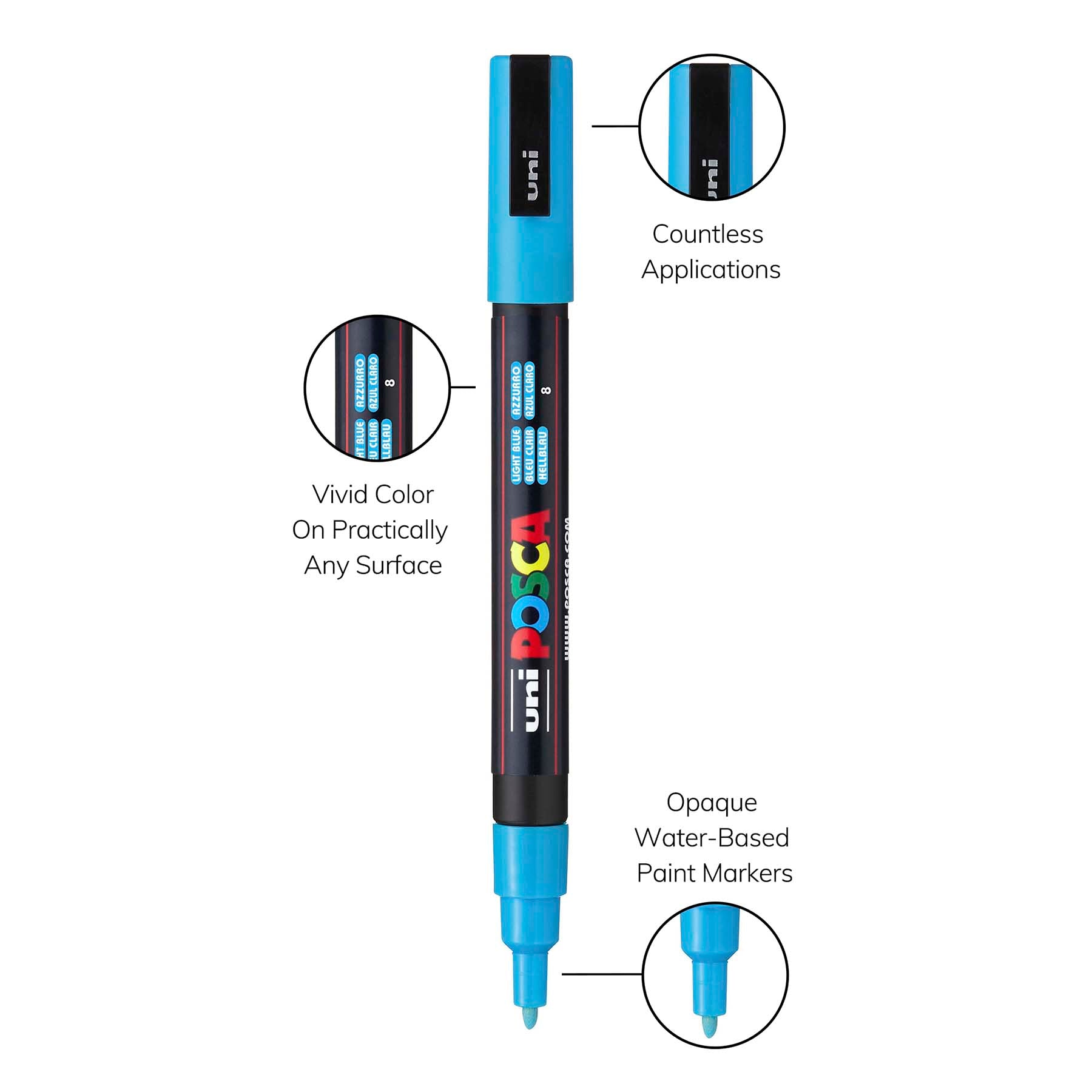uni® POSCA PC-3M Water-Based Paint Markers, Reversible Fine Tip (0.9-1.3mm), Light Blue