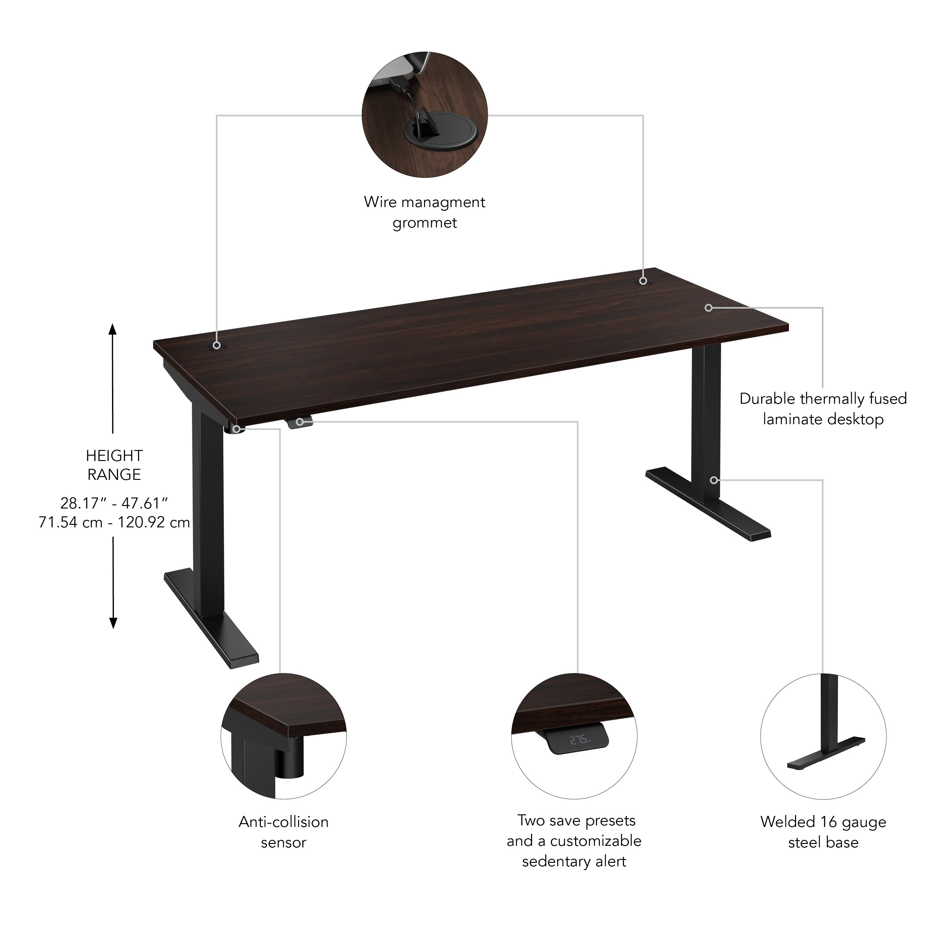 Bush Business Furniture Move 40 Series 72W x 30D Electric Height Adjustable Standing Desk in Black Walnut with Black Base - 71.02" Width x 29.37" Depth x 28.17" Height