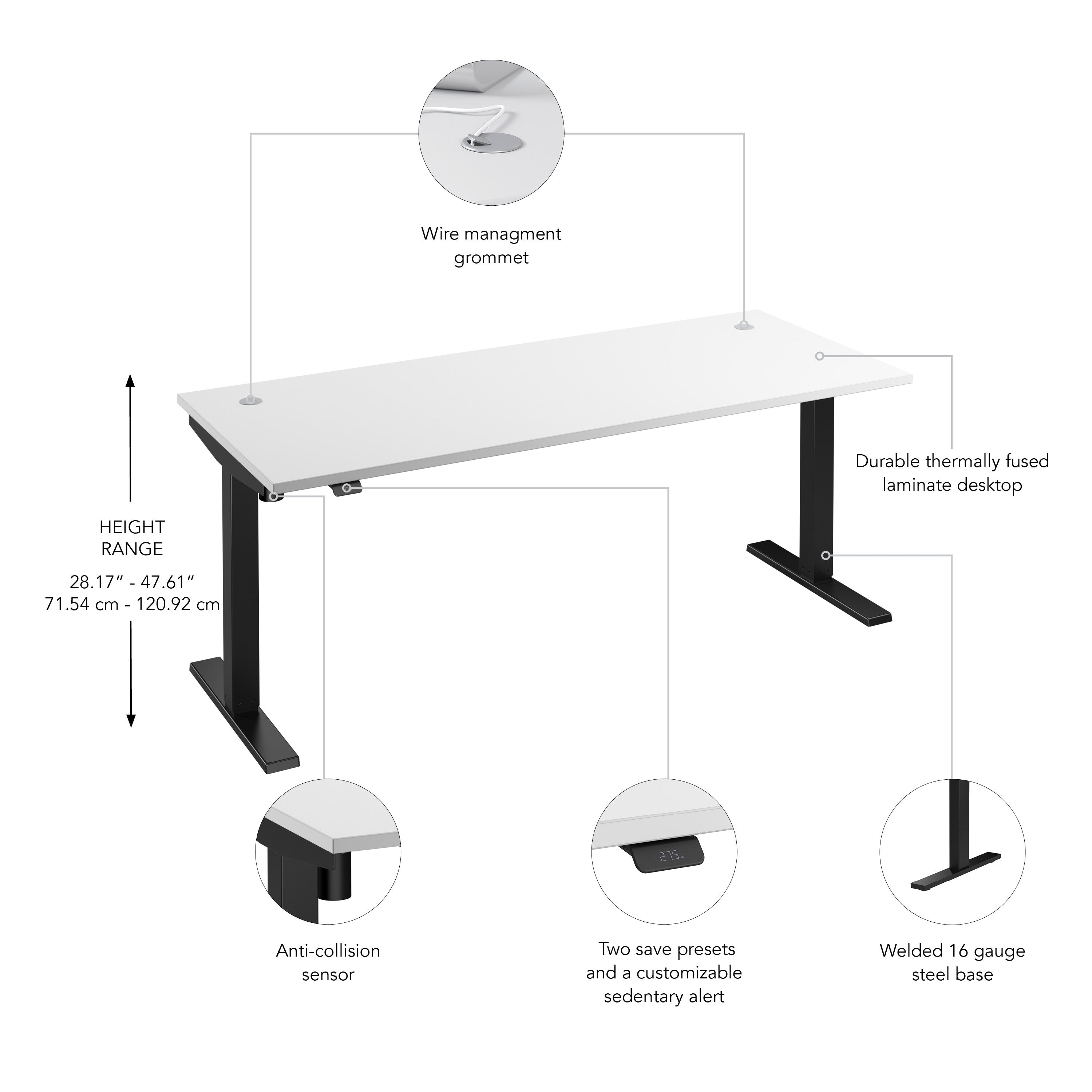 Bush Business Furniture Move 40 Series 72W x 30D Electric Height Adjustable Standing Desk in White with Black Base - 71.02" Width x 29.37" Depth x 28.17" Height