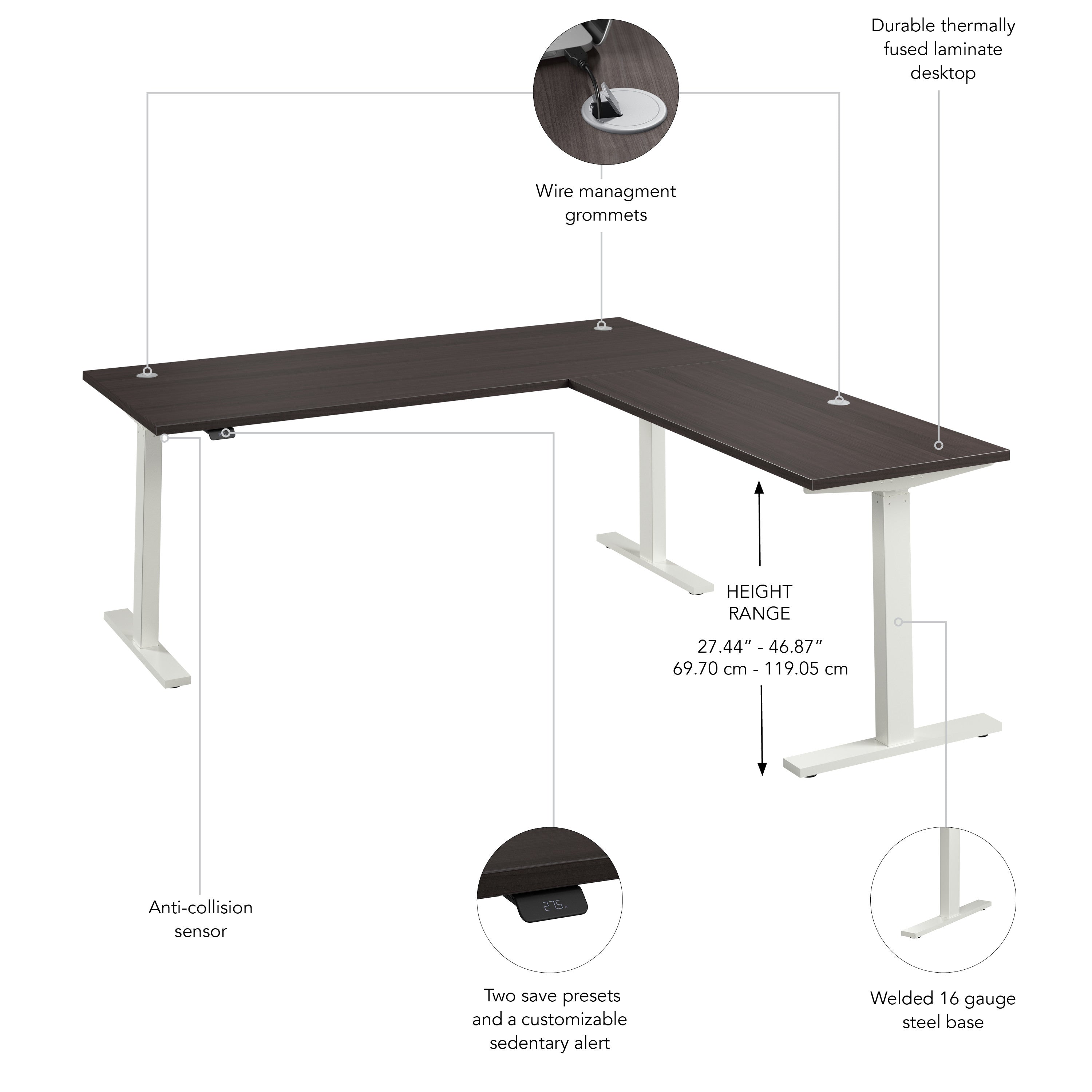 Bush Business Furniture Move 60 Series 72W Height Adjustable L Shaped Standing Desk in Storm Gray with White Base - 71.02" Width x 76.97" Depth x 27.44" Height