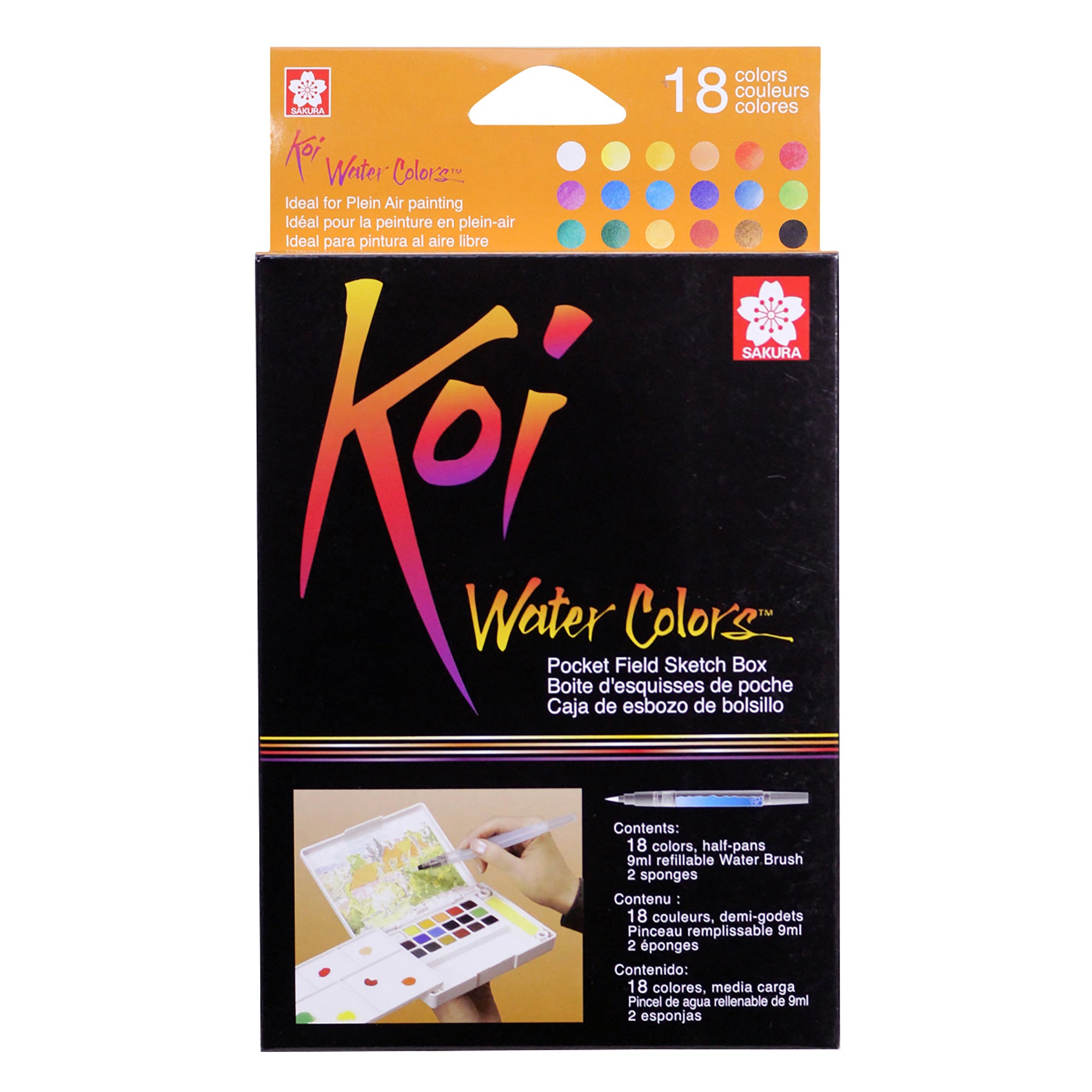 Koi Water Colors Field Sketch Box with Brush, 18 Colors