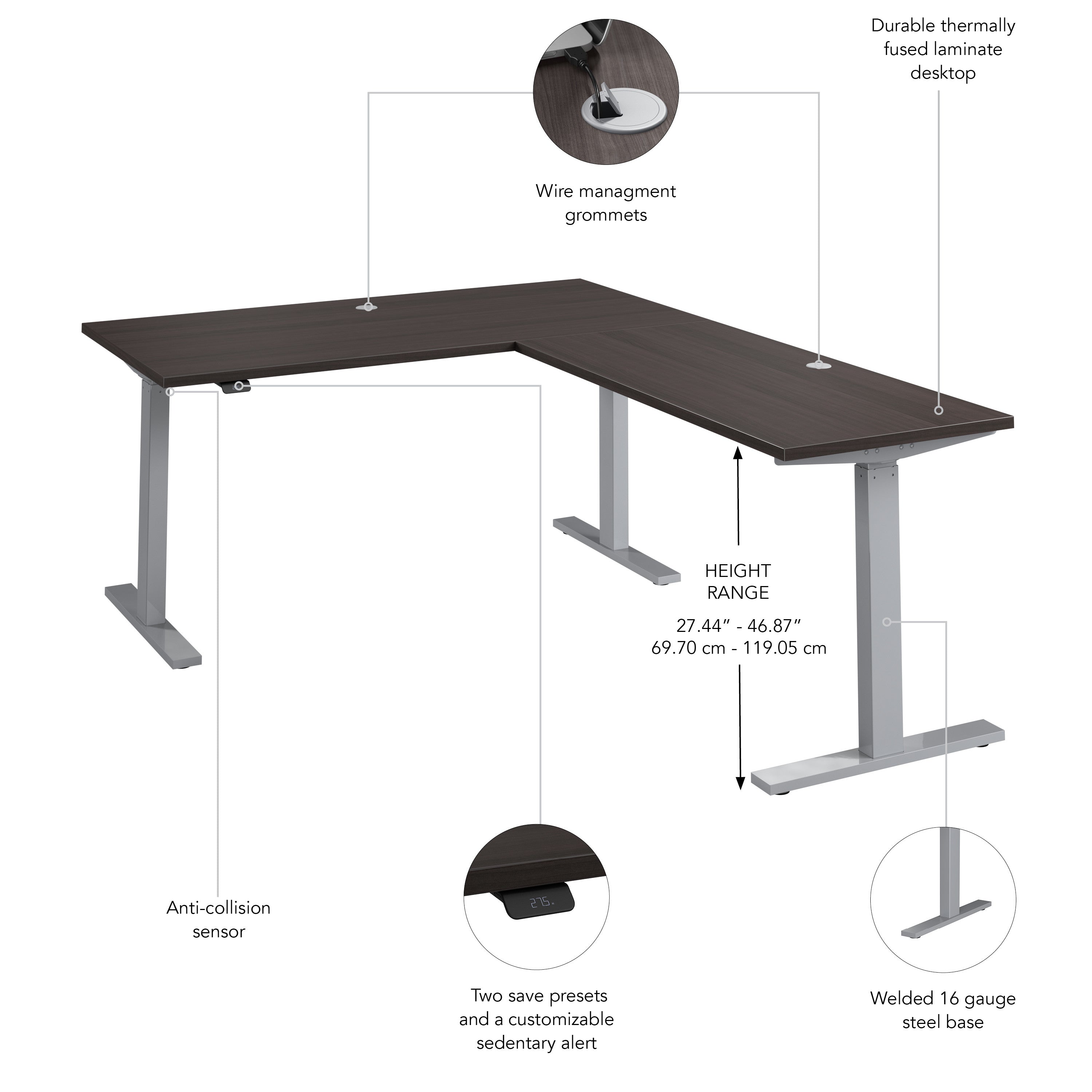 Bush Business Furniture Move 60 Series 60W Height Adjustable L Shaped Standing Desk in Storm Gray with Metallic Gray Base - 59.45" Width x 76.97" Depth x 27.44" Height