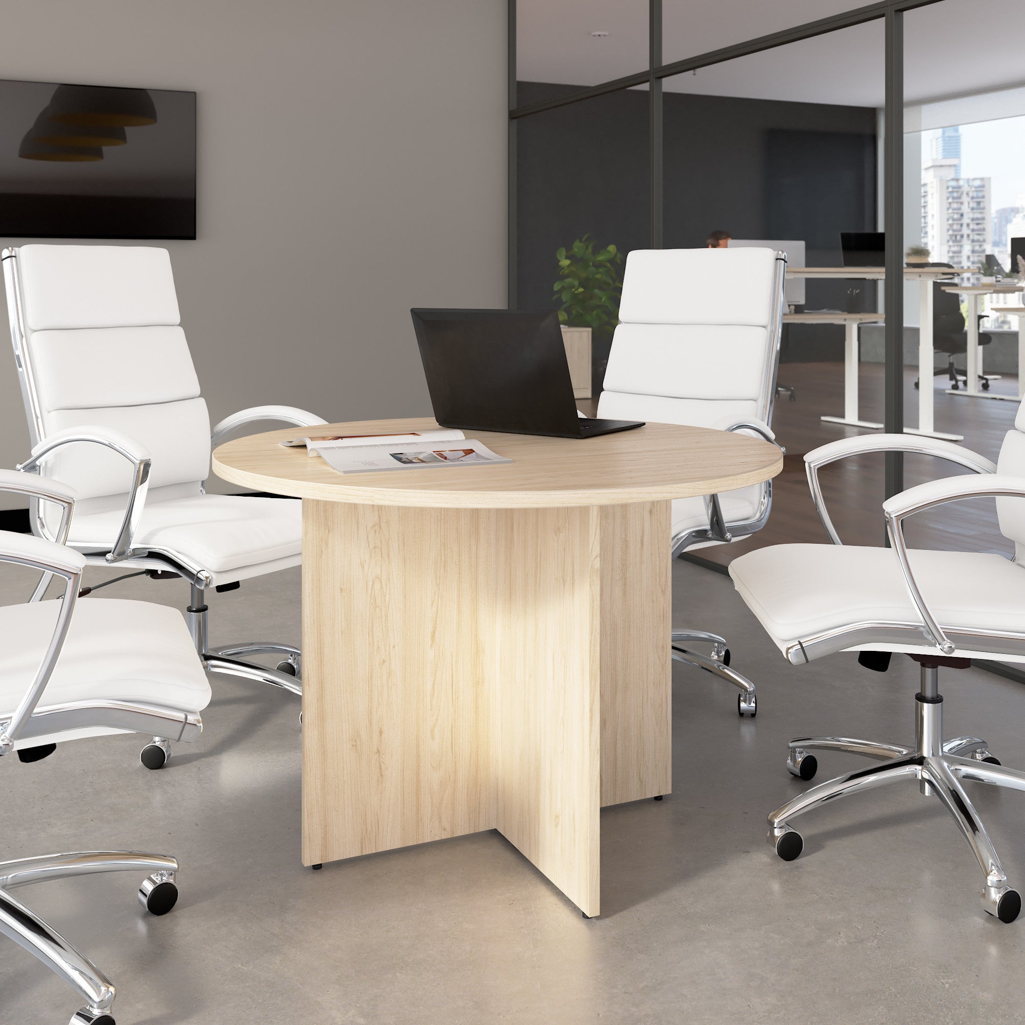 Bush Business Furniture 42-inch Round Conference Table with Wood Base in Natural Elm - 41.38" Width x 41.38" Depth x 30.33" Height