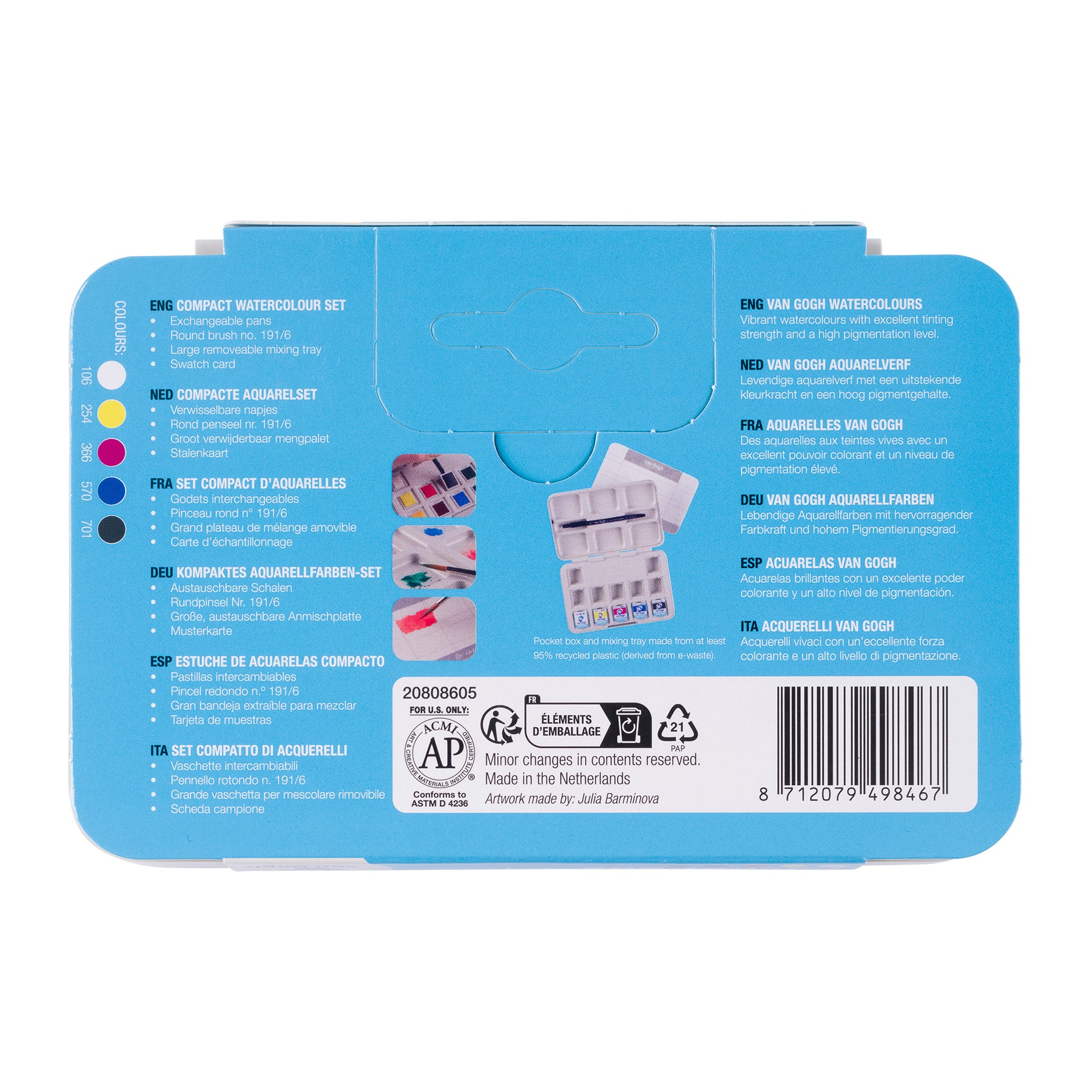 Watercolor Pocket Box, Primary Mixing Set, 5 Half Pan Colors & 7 Empty Spaces