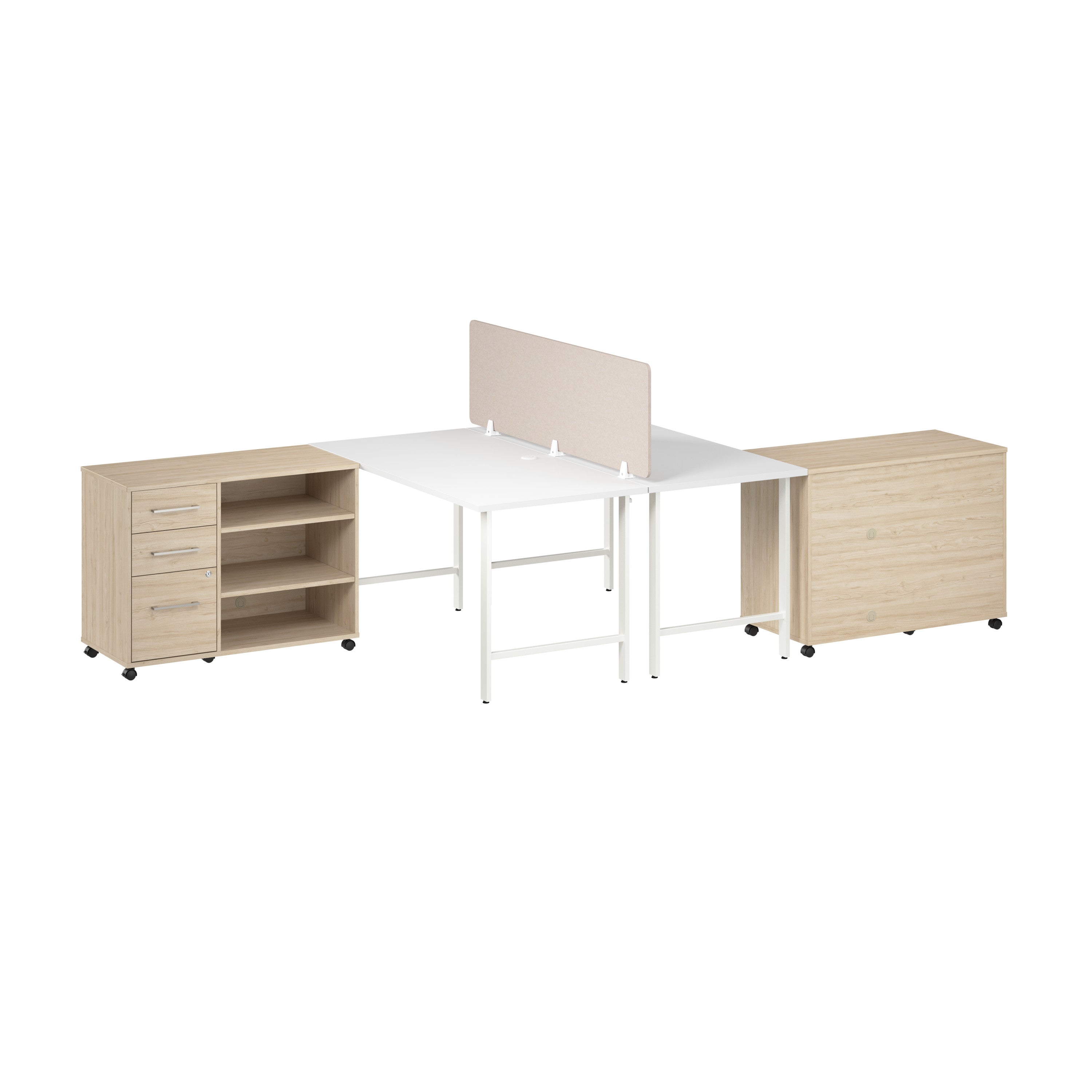 Bush Business Furniture Hustle 2 Person Computer Desk with Mobile Storage Cabinets, Power Grommets, and Privacy Screen in White and Natural Elm - 59.44" Width x 29.37" Depth x 30.07" Height