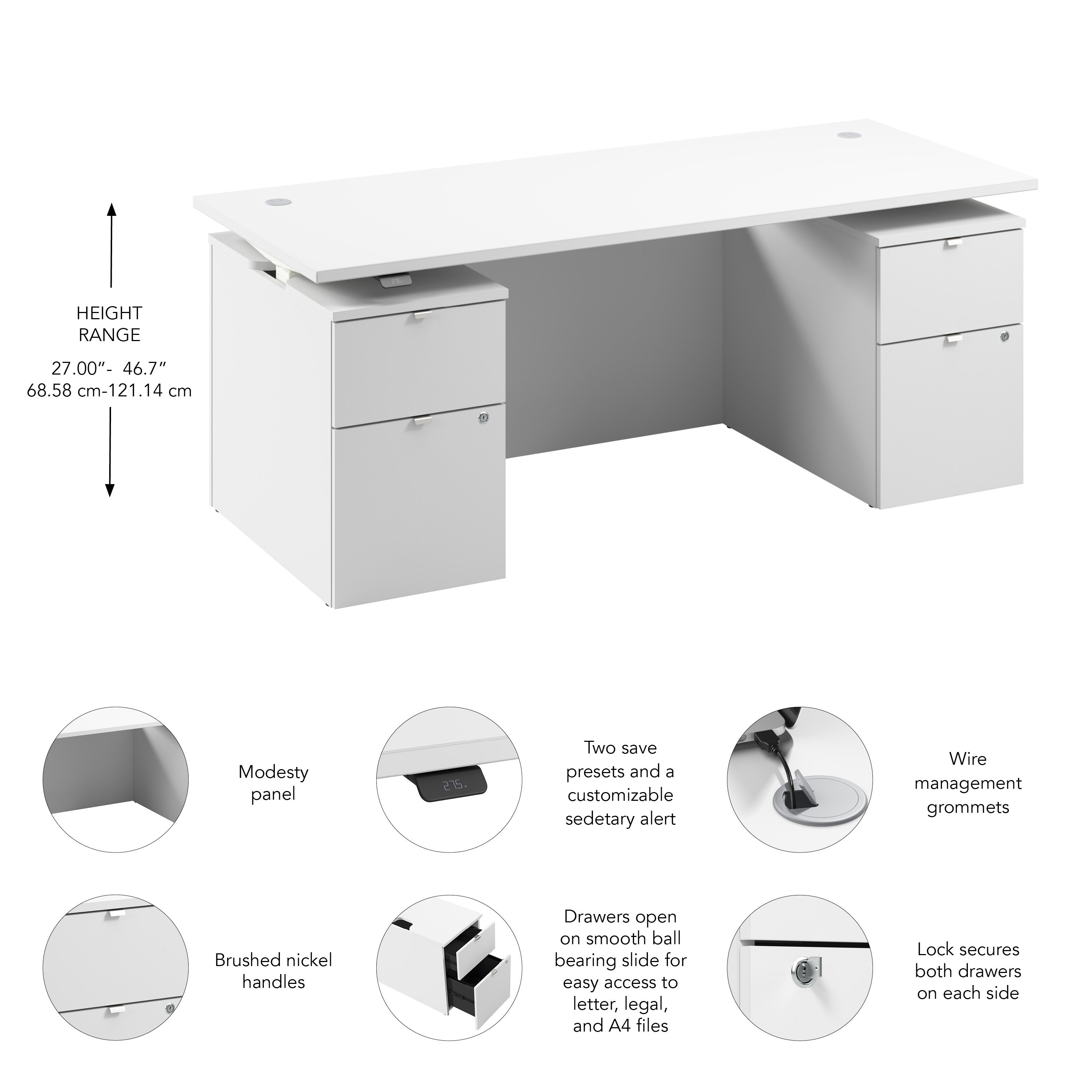 Bush Business Furniture Stratus&nbsp;72W x&nbsp;30D Electric Standing Desk with Drawers and Modesty Panel in White with White Base - 71.02" Width x 29.37" Depth x 27.44" Height