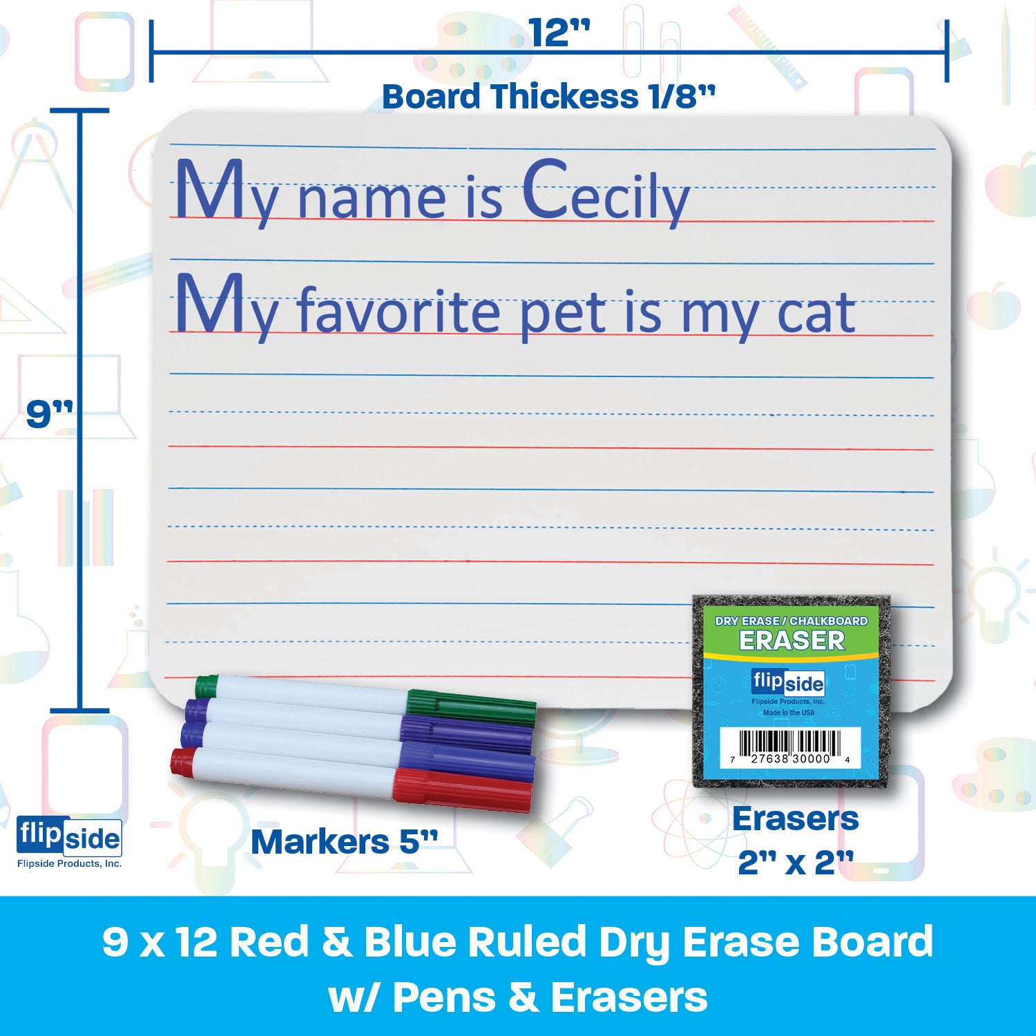 Two-Sided Dry Erase Boards, Red & Blue Ruled/Plain, 9" x 12", with Colored Pens & Student Erasers, Class Pack 12