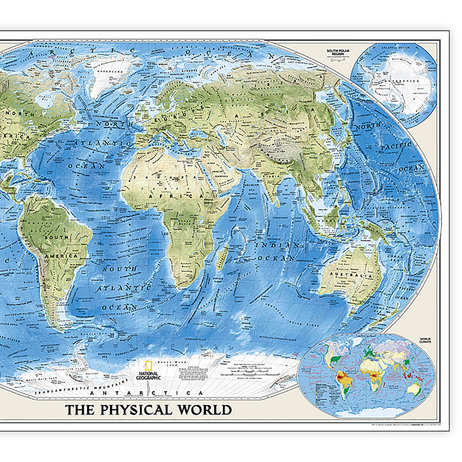 World Physical Map, Laminated, 45.75" x 30.5"