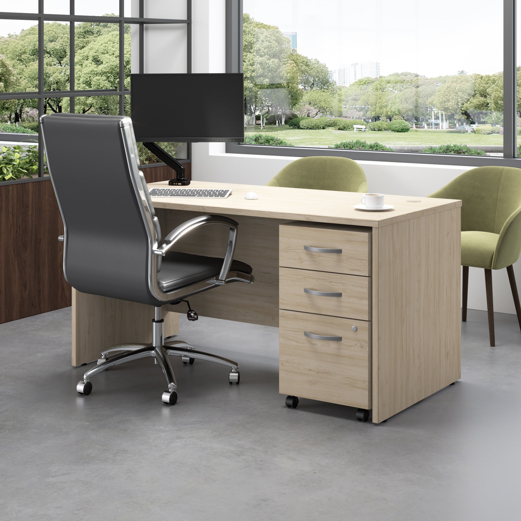 Bush Business Furniture Studio C 60W x 30D Office Desk with Mobile File Cabinet in Natural Elm - 59.45" Width x 29.37" Depth x 29.84" Height