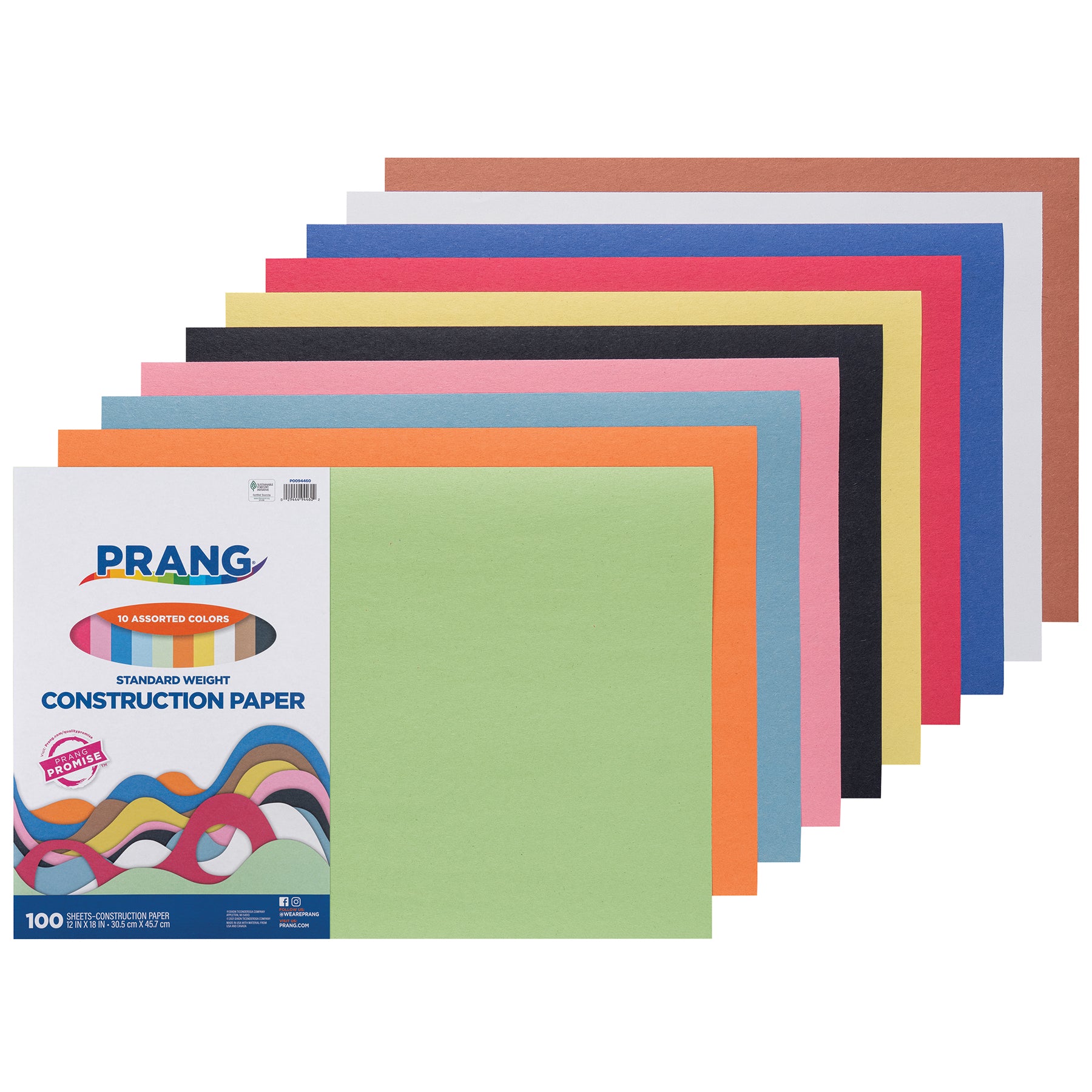 Construction Paper, Standard Weight, 10 Assorted Colors, 12" x 18", 100 Sheets
