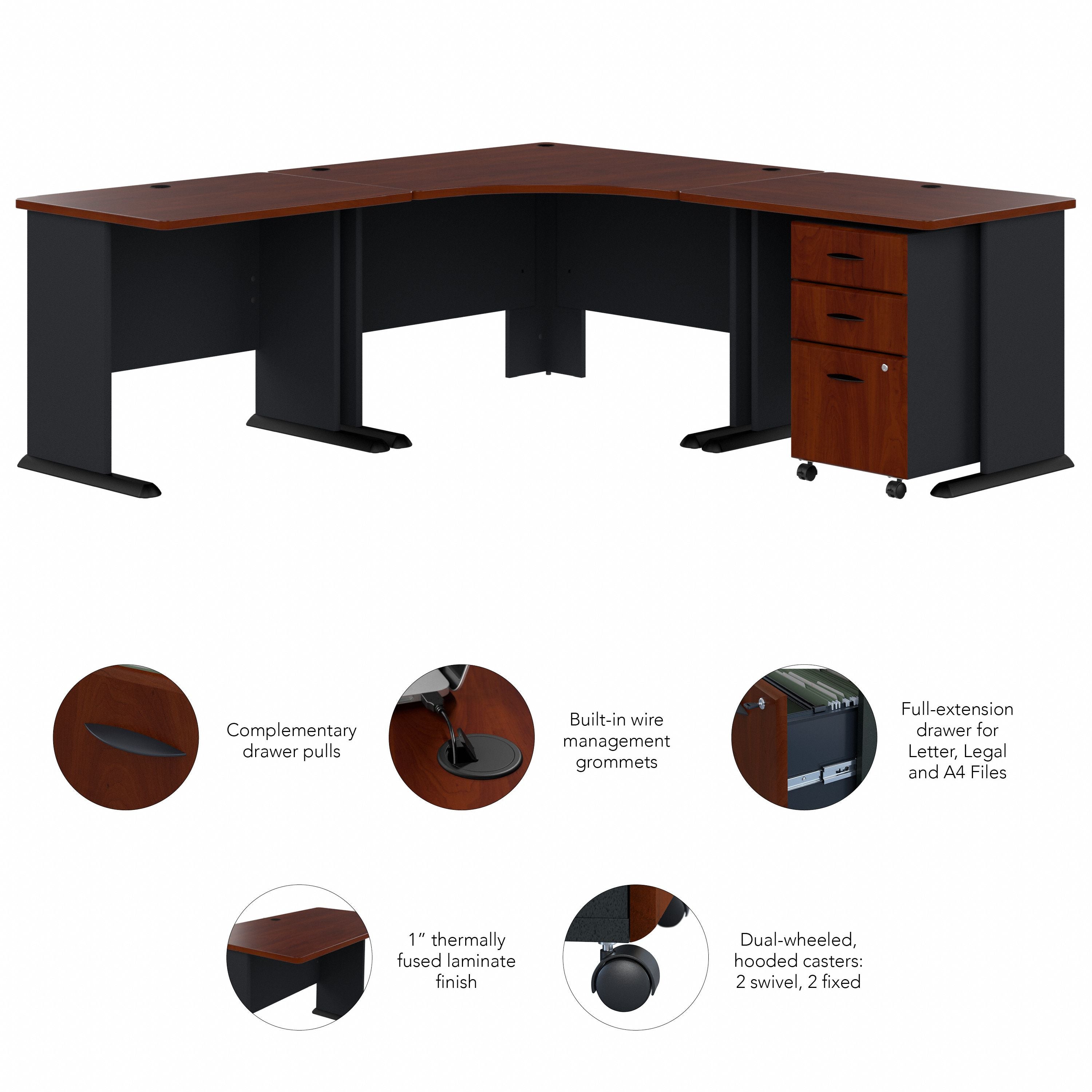 Bush Business Furniture Series A 84W x 84D Corner Desk with Mobile File Cabinet in Hansen Cherry and Galaxy - 82.76" Width x 82.76" Depth x 29.66" Height