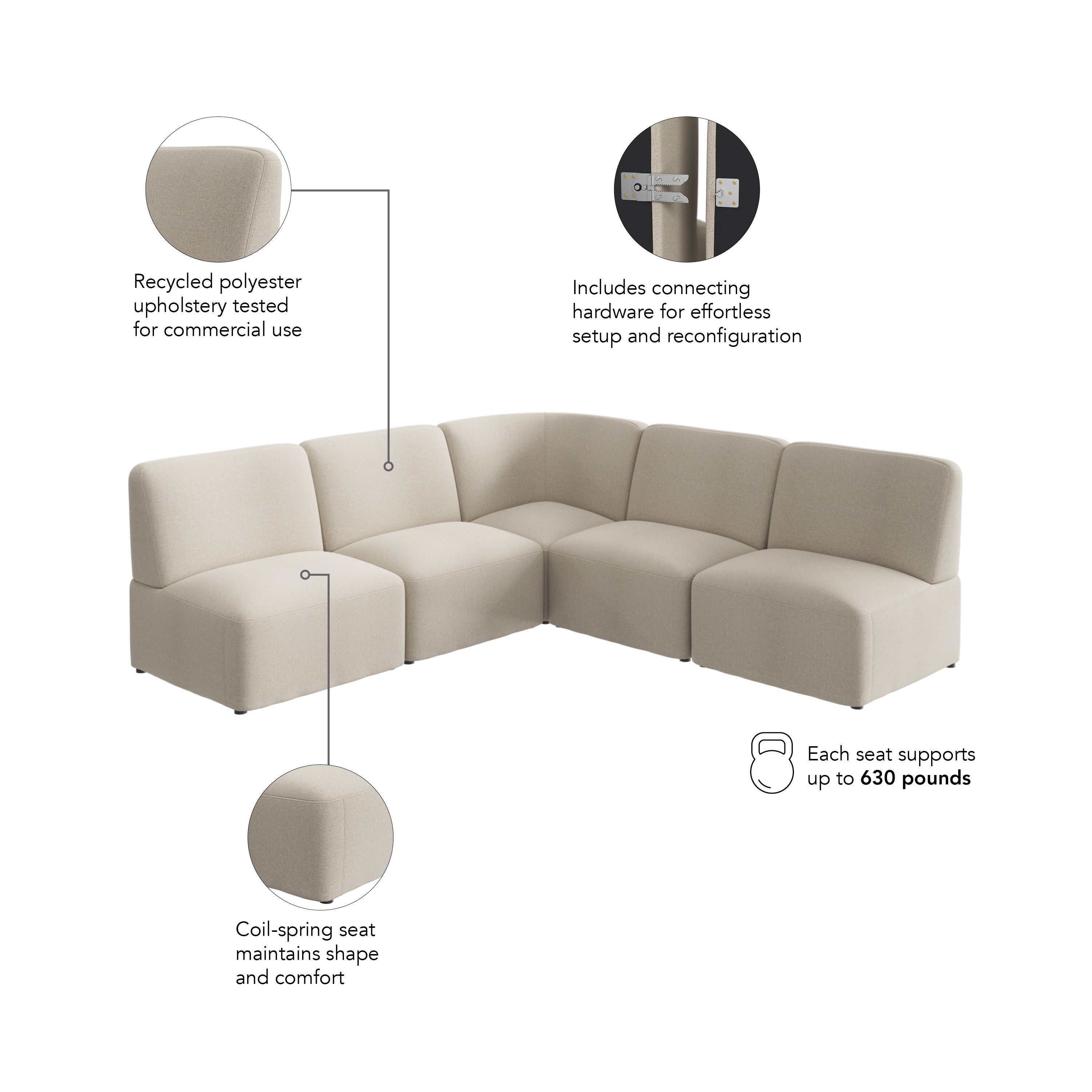 Bush Business Furniture Assemble Modular 5 Seater L Shaped Sectional Lounge Sofa in Oat Fabric - 89.76" Width x 89.76" Depth x 29.92" Height