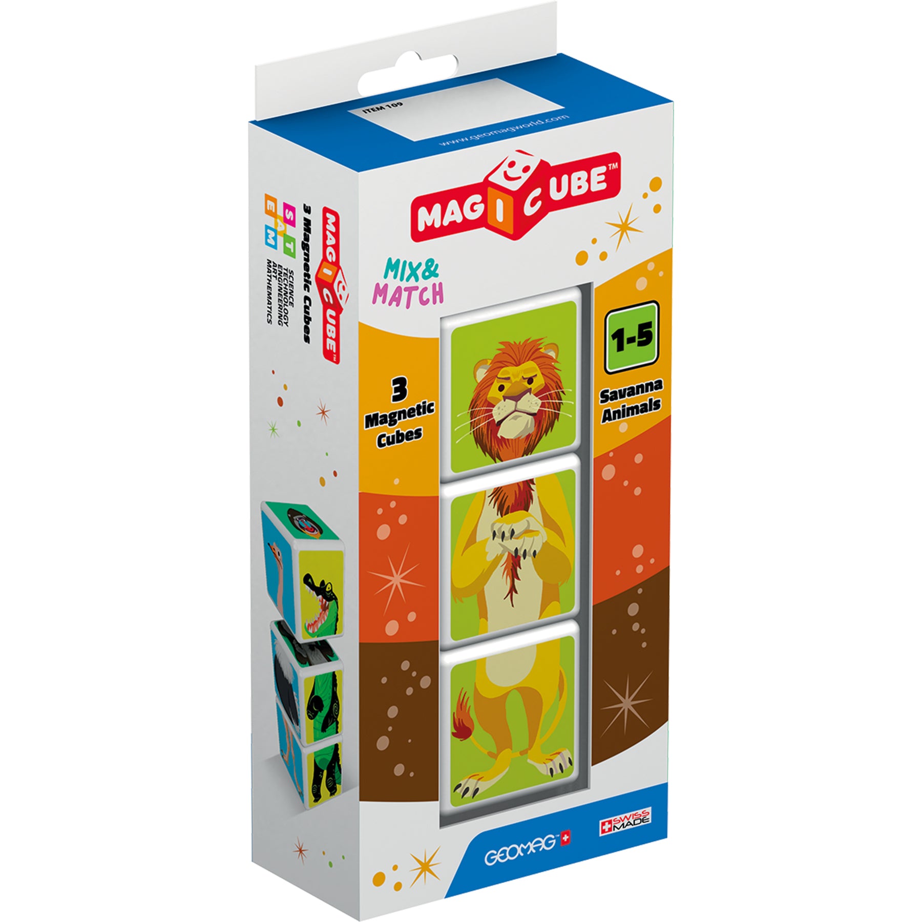 Geomag™ Magicube Mix & Match Savannah Animals, Magnetic Cubes, 3 Pieces