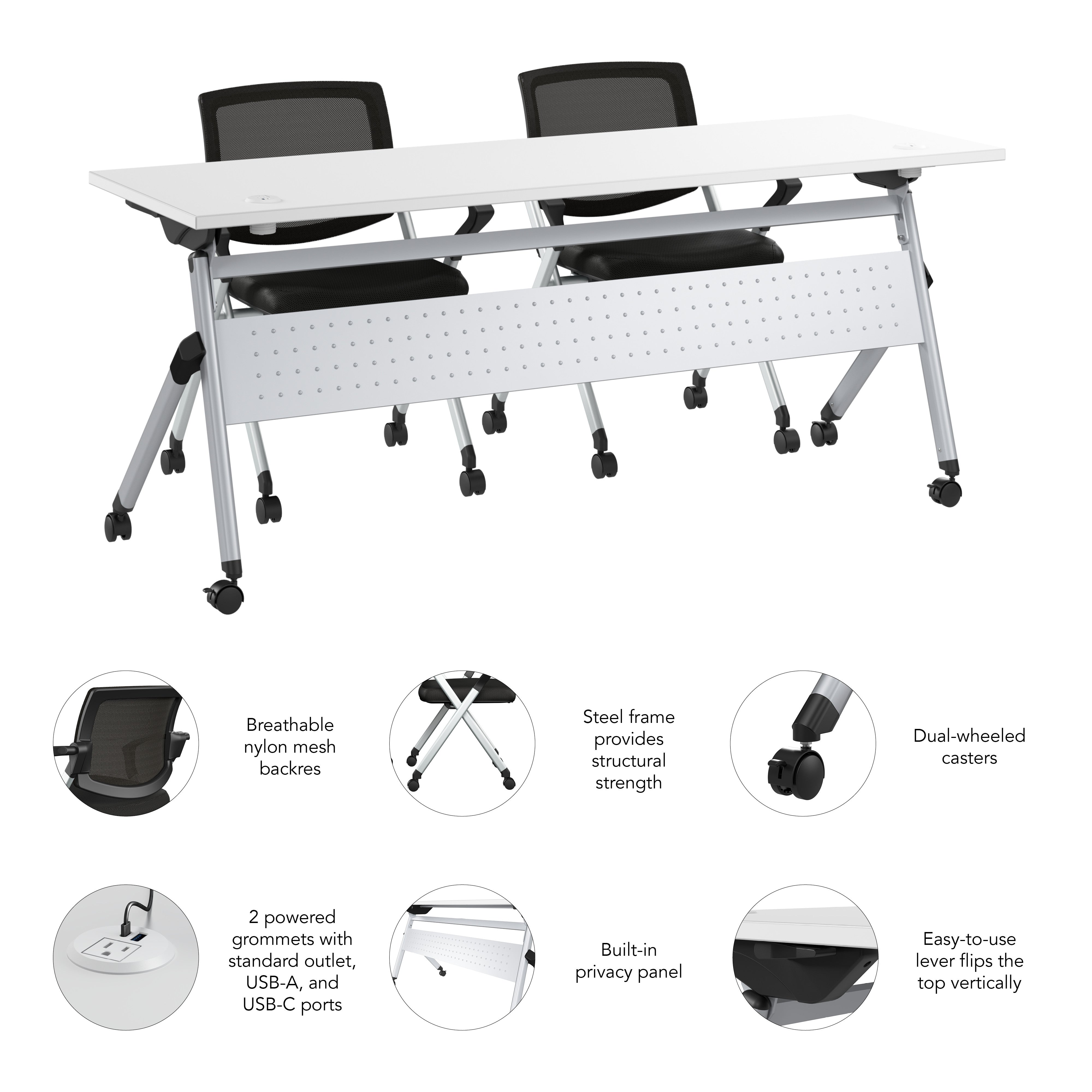 Bush Business Furniture Envision 72W Training Table with Powered Grommets and 2 Chairs with Arms in White - 71.02" Width x 23.54" Depth x 32.87" Height