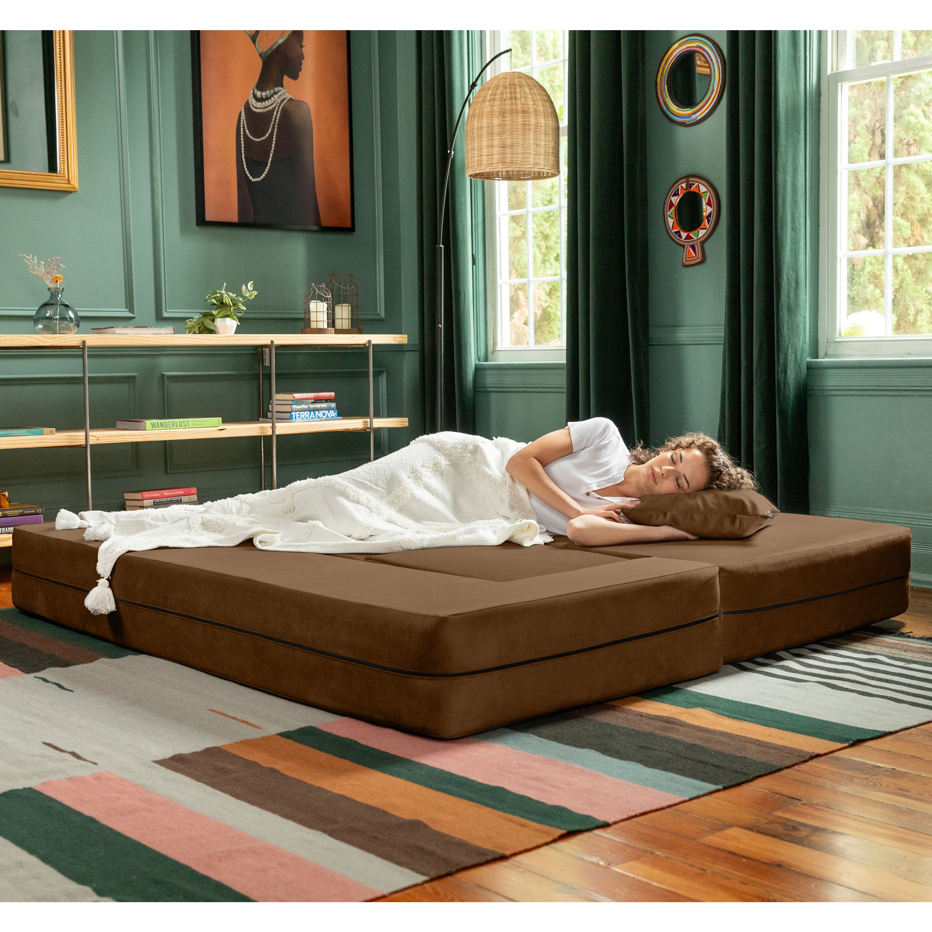 Jaxx Zipline Convertible Sleeper Sofa & Three Ottomans/California King-Size Bed, Textured Microvelvet - Toffee