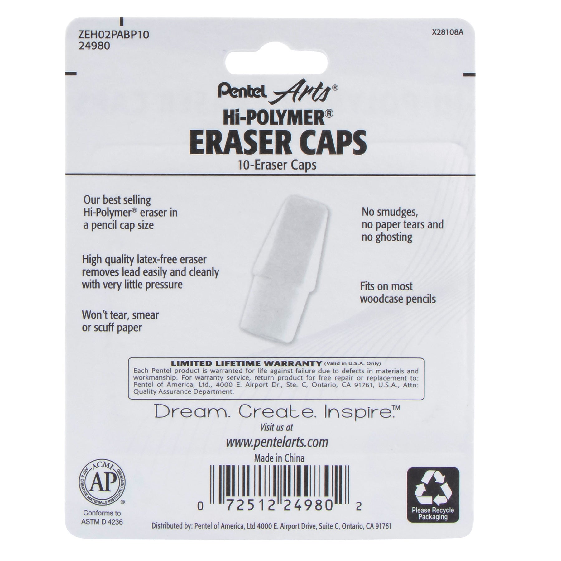Hi-Polymer White Cap Erasers, 10 Per Pack, 6 Packs