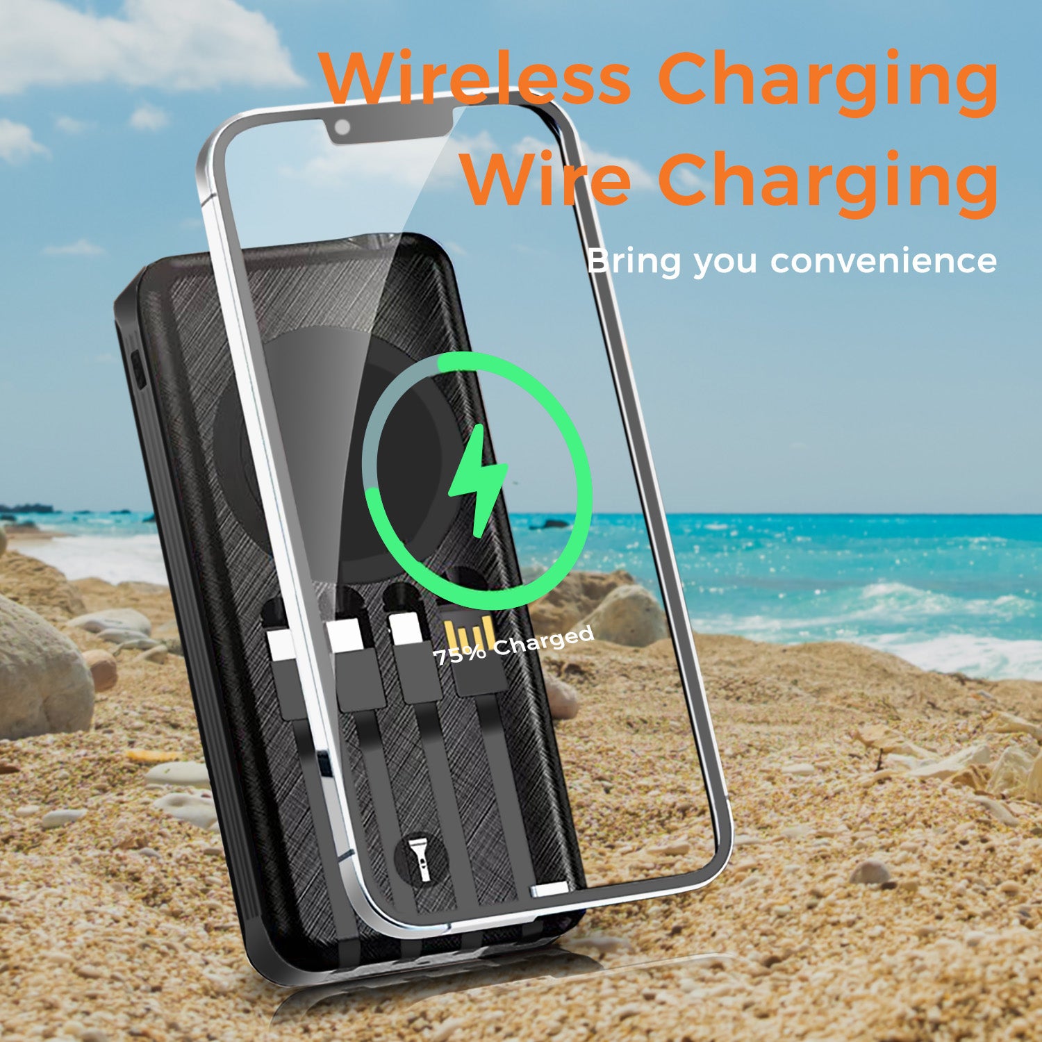 10000mAh Solar Power Bank with Wireless Charging and Built-in Cables, Black