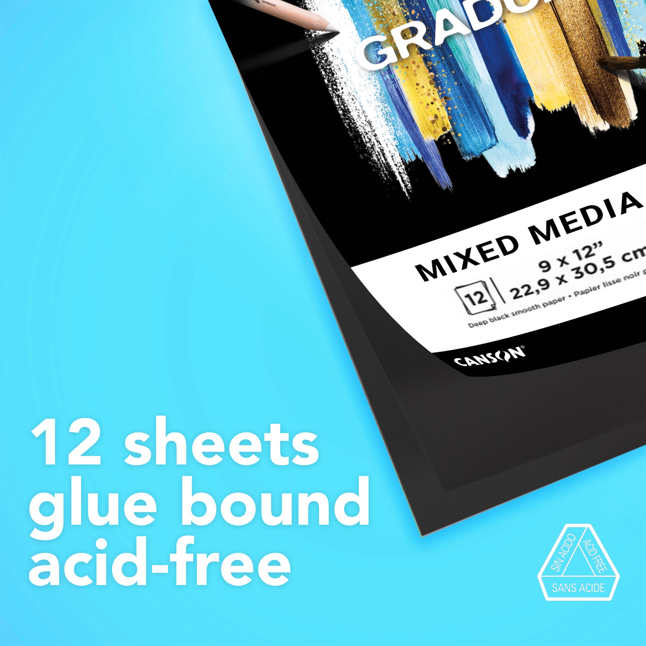 Graduate Mixed Media Pad, Black, Foldover Binding, 12 Sheet, 9x12 inch, 1 Count
