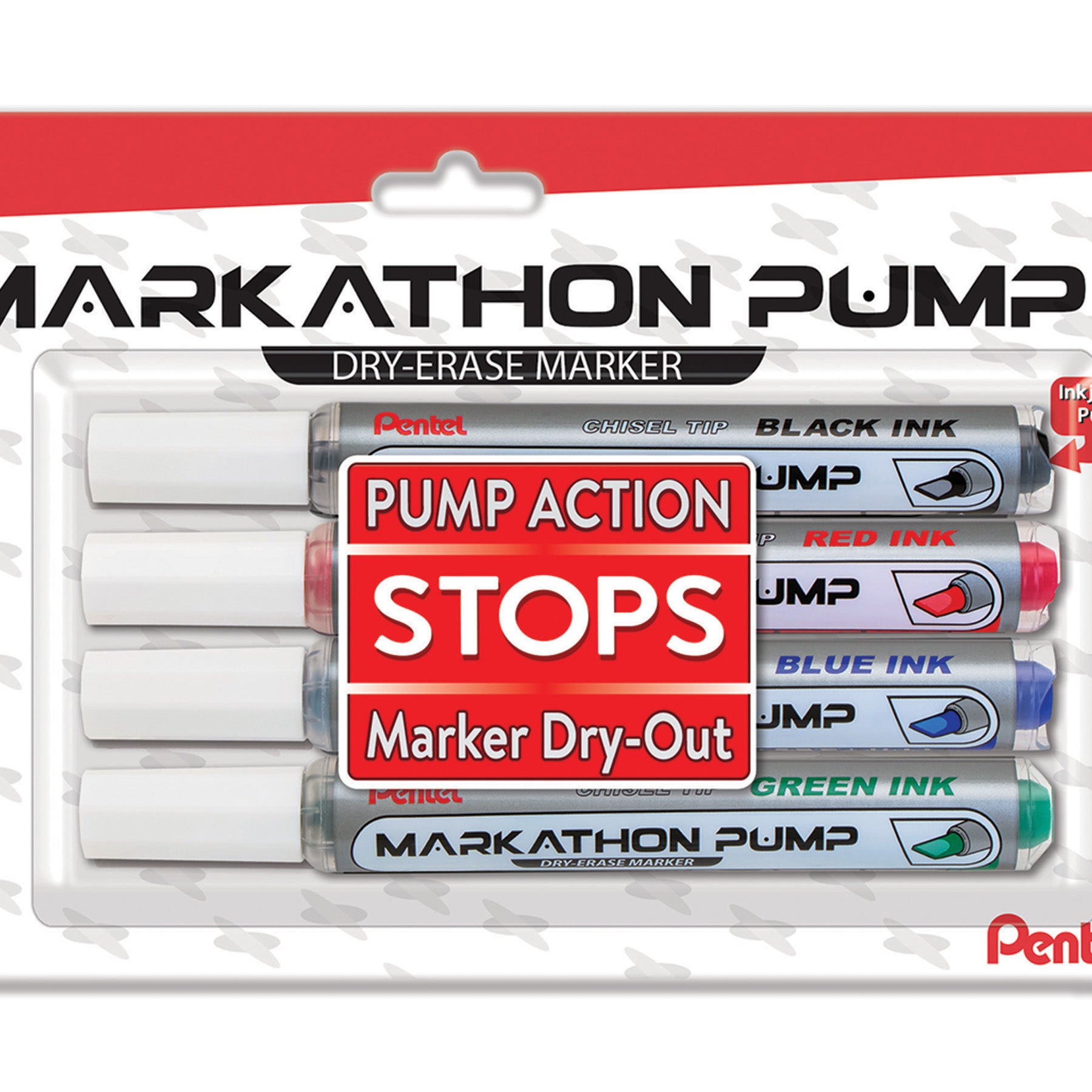 Markathon Pump Dry Erase Marker, Chisel Tip, Assorted Colors, 4-Pack