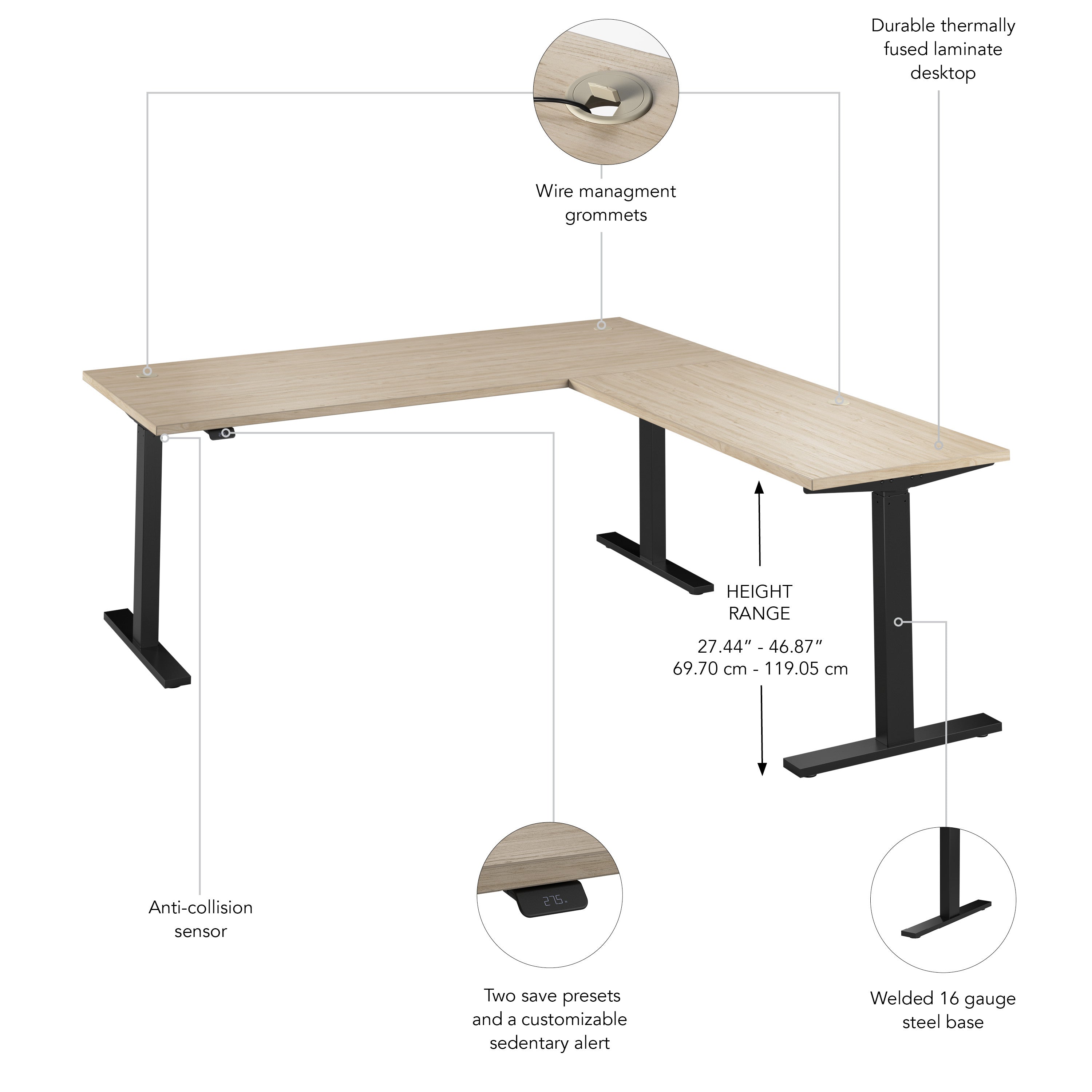 Bush Business Furniture Move 60 Series 72W Height Adjustable L Shaped Standing Desk in Natural Elm with Black Base - 71.02" Width x 76.97" Depth x 27.44" Height